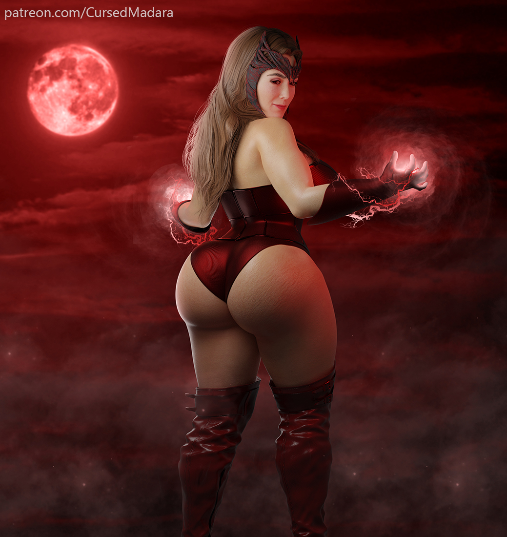 1girls, 3d, alternate ass size, ass, avengers, back view, big ass, brown hair, clothed, cursedmadara, elizabeth olsen, female, female only, leotard, long hair, looking at viewer, looking back, magic, marvel, marvel cinematic universe, marvel comics, mutant (marvel), scarlet witch, smile, solo, superheroine, thick thighs, thigh boots, voluptuous, wanda maximoff