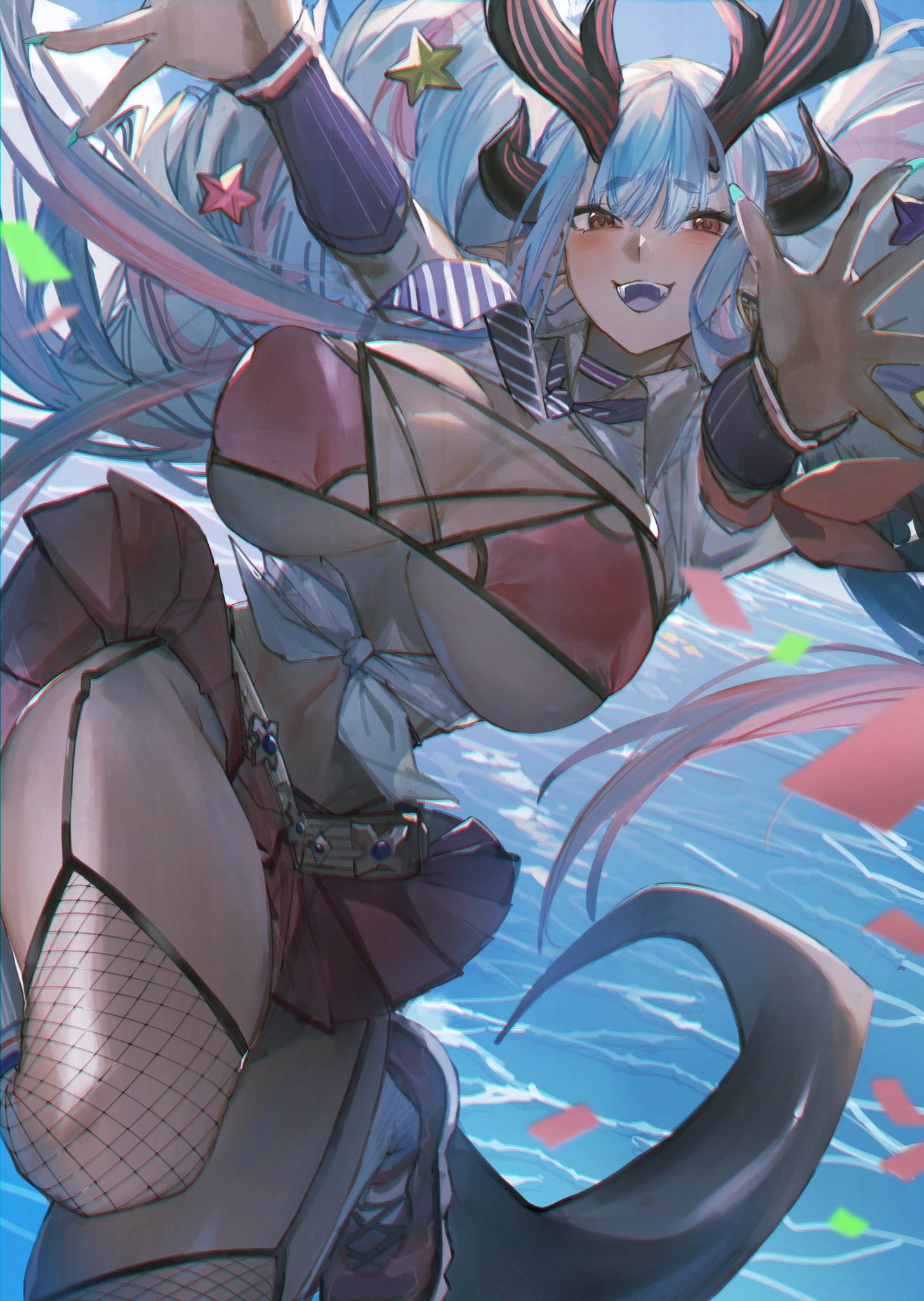 1girl beach big_ass big_breasts bimbo blue_hair breasts cheerleader curvy dark_skin fangs fat_ass fate/grand_order fate_(series) fishnets highres horns hug huge_ass huge_breasts ibuki_douji_(fate) ibuki_douji_(swimsuit_berserker)_(fate) large_ass large_breasts long_sleeves looking_at_viewer miniskirt monster_girl necktie oni oni_horns open_mouth outstretched_arms revealing_clothes ryuuji_teitoku school_uniform skirt smile solo swimsuit tail thick_penis thick_thighs thigh_strap thighhighs thighs