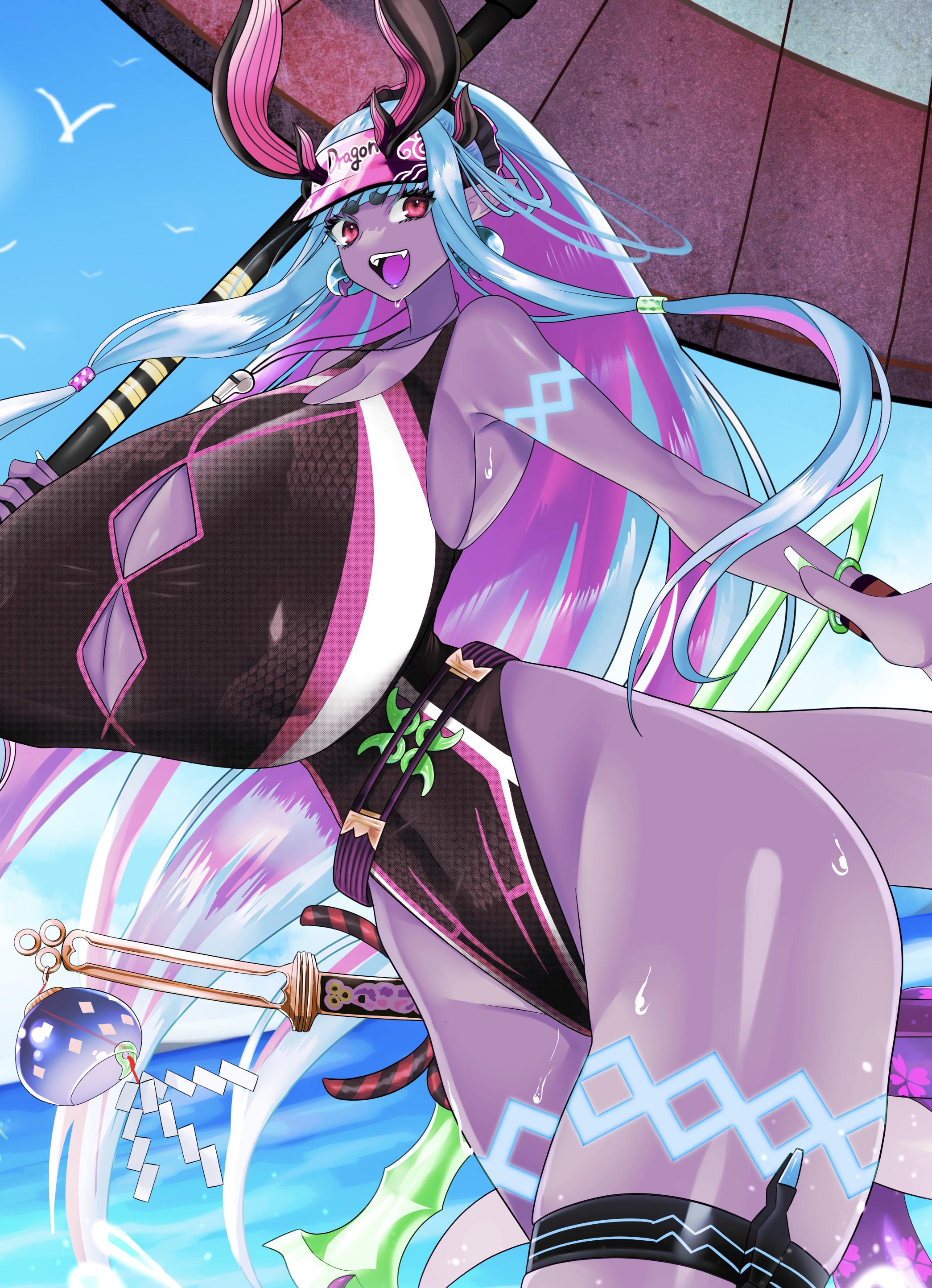 armpits, ass, beach, big breasts, big penis, bigger female, blue hair, breasts, curvy, dark skin, dark-skinned female, fat ass, fate (series), fate/grand order, female, hourglass figure, huge ass, huge breasts, ibuki douji (fate), ibuki douji (swimsuit berserker) (fate), large ass, large breasts, looking at viewer, male, monster, monster girl, one-piece swimsuit, oni, oni horns, penis, psyche oreca, red eyes, sportswear, standing, sweat, swimsuit, sword, tail, thick ass, thick thighs, umbrella, voluptuous, wet