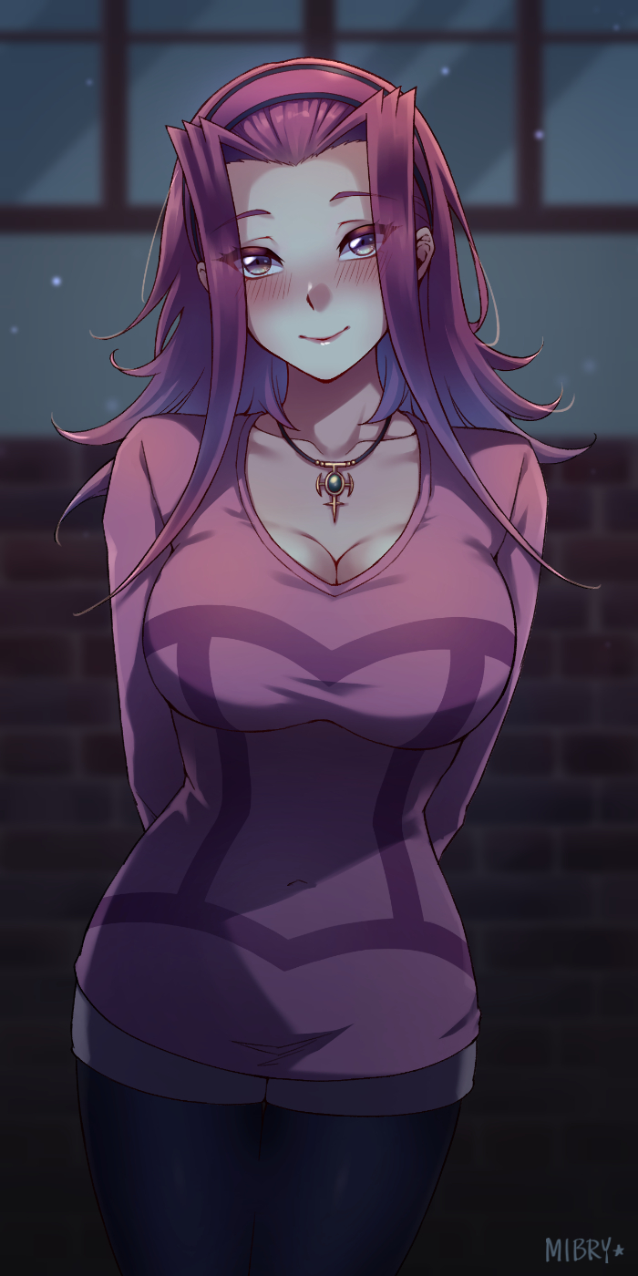1girls, akiza izinski, blush, breasts, brown eyes, cleavage, female, happy, izayoi aki, large breasts, long hair, looking at viewer, mibry (phrysm), necklace, pantyhose, red hair, smile, standing, thick thighs, thighs, uncensored, wide hips, yu-gi-oh!, yu-gi-oh! 5d's