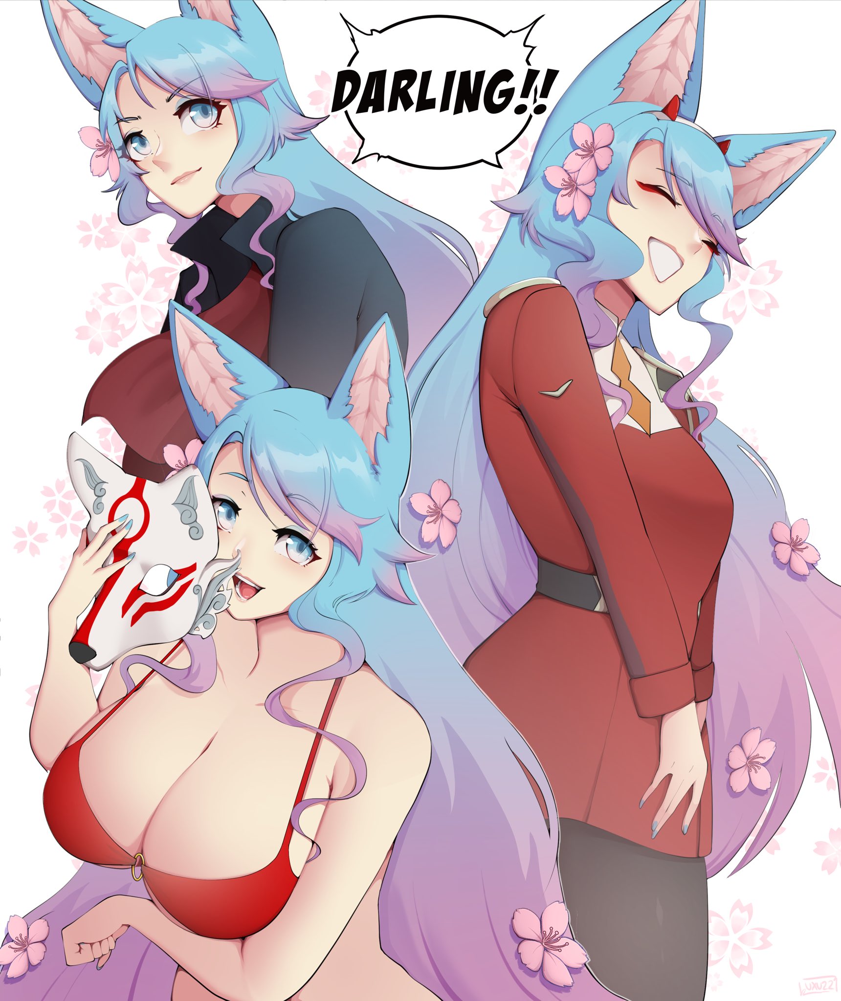 1girls, big breasts, bikini, blue eyes, blue hair, breasts, closed eyes, darling in the franxx, english text, female, female only, hi res, large breasts, light skin, light-skinned female, long hair, looking at viewer, luxurias, mask, pink highlights, silvervale, smile, solo, solo female, speech bubble, teeth showing, text, virtual youtuber, white background, wolf ears, wolf girl, zero two (darling in the franxx) (cosplay)