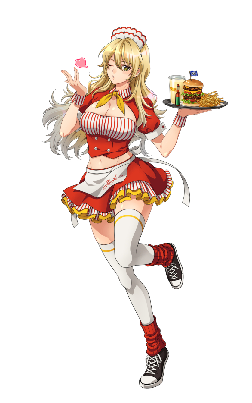 1girls 2022 aburi_rare alternate_costume big_breasts blonde_female blonde_hair burger canon_genderswap cleavage cleavage_cutout drink female female_only food french_fries full_body genderswap_(mtf) gintama hot_sauce kondou_goriko kondou_isao leg_warmers long_hair looking_at_viewer maid_headdress navel pinup rule_63 skirt sneakers solo thighhighs waist_apron waitress white_legwear white_thighhighs wink wrist_cuffs yellow_eyes zettai_ryouiki