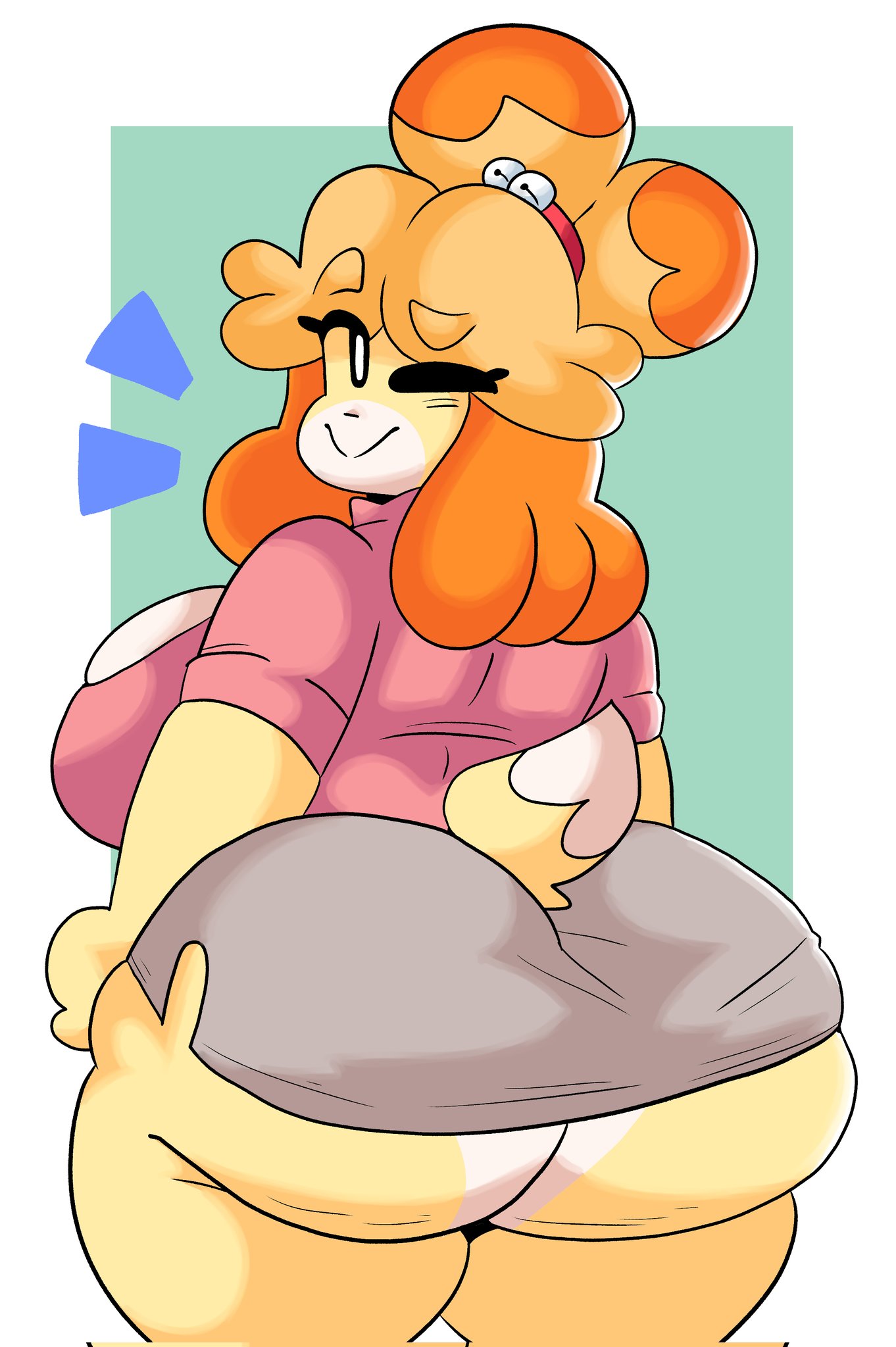 1girls, 2d, animal crossing, anthro, ass, ass focus, big ass, big breasts, big butt, bottomless, bottomless skirt, breasts, bubble ass, bubble butt, cleavage, clothed, clothing, dork boi, female, female only, furry, furry only, isabelle (animal crossing), large ass, large breasts, lewd dorky, looking at viewer, looking back, nintendo, office lady, one eye closed, simple background, skirt, smile, solo, solo female, thick thighs, upskirt, voluptuous, wide hips, wink