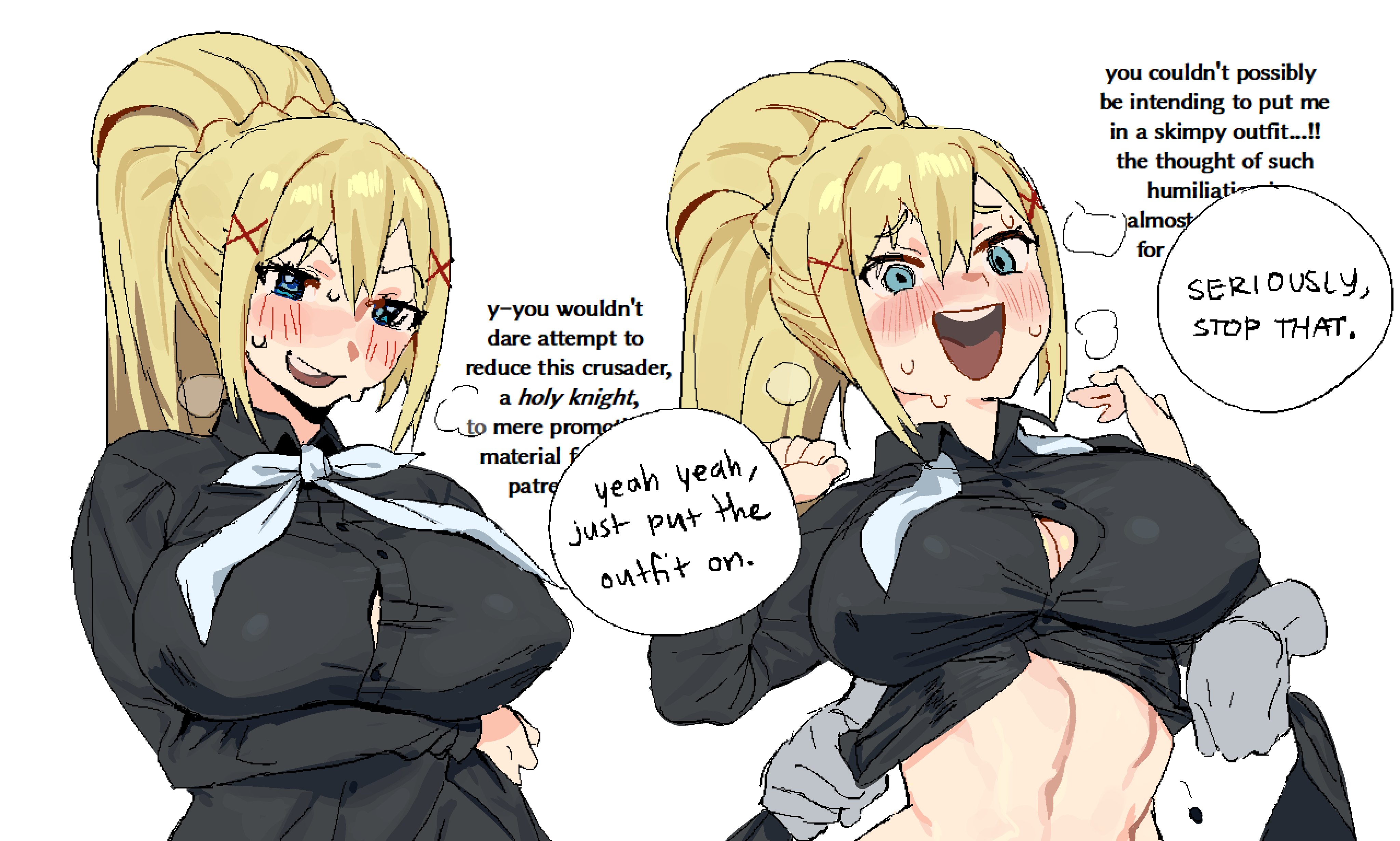 big breasts, blonde female, breasts, darkness (konosuba), dialogue, female, kono subarashii sekai ni shukufuku wo!, ponytail, sweat, tagme, text, whoopsatro