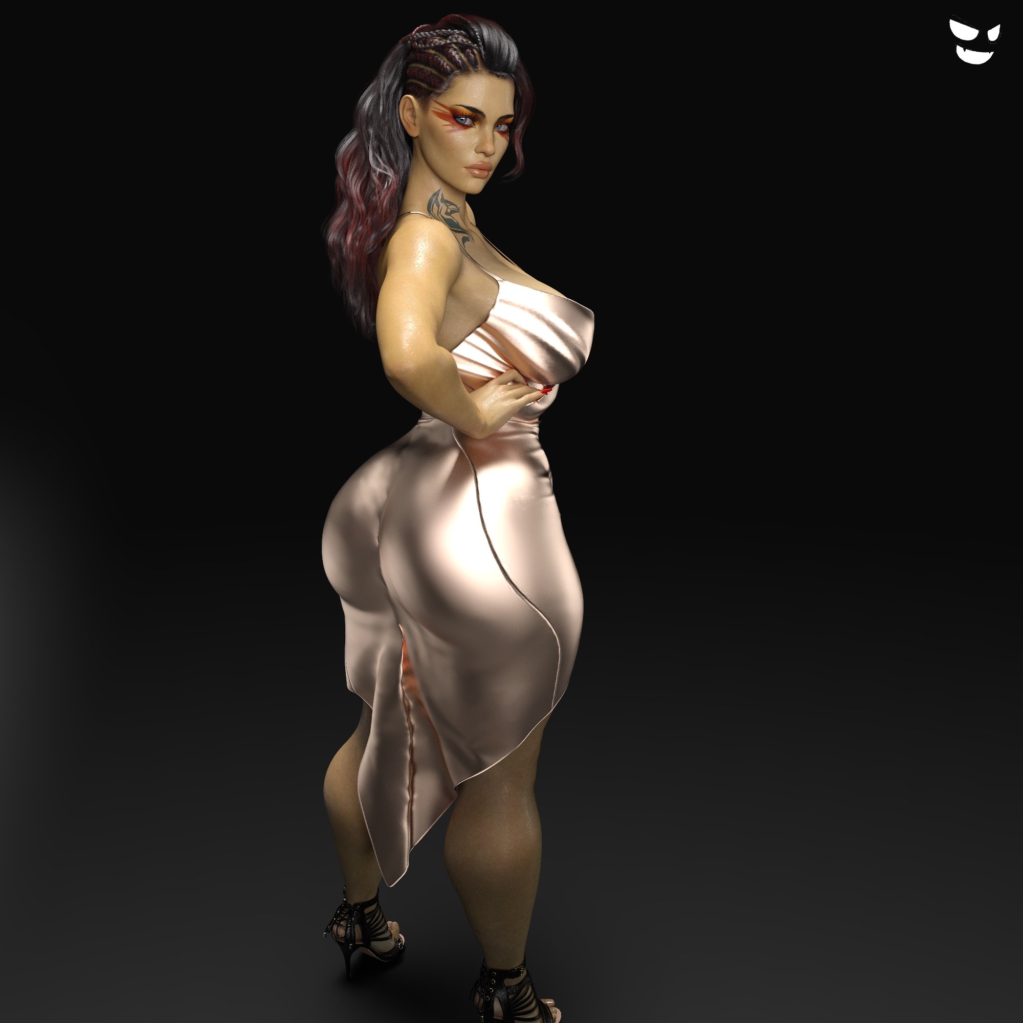 1girls, 3d, apex legends, ass, big ass, big breasts, breasts, dark skin, dark-skinned female, dress, female, gm studios, latina, loba (apex legends), respawn entertainment, silver dress, tattoo, thick thighs