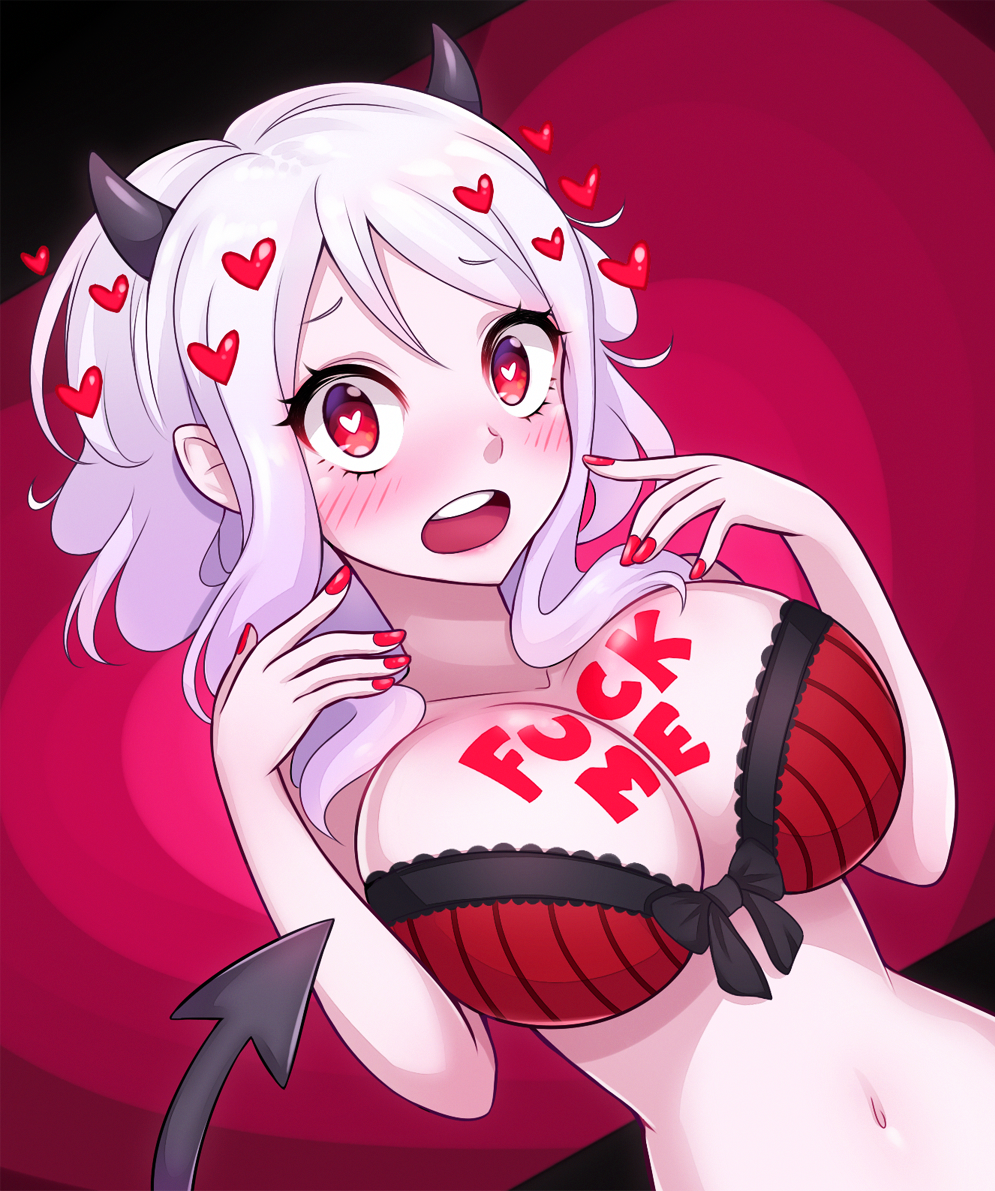 :o, 1girls, 83tsu, black horns, black tail, blush, body writing, bow, bow bra, bra, breasts, demon, demon girl, demon horns, demon tail, english text, female, heart, heart-shaped pupils, helltaker, horns, large breasts, medium hair, modeus (helltaker), navel, painted nails, red eyes, red nail polish, red nails, solo, solo female, symbol-shaped pupils, tail, underwear, upper body, white hair