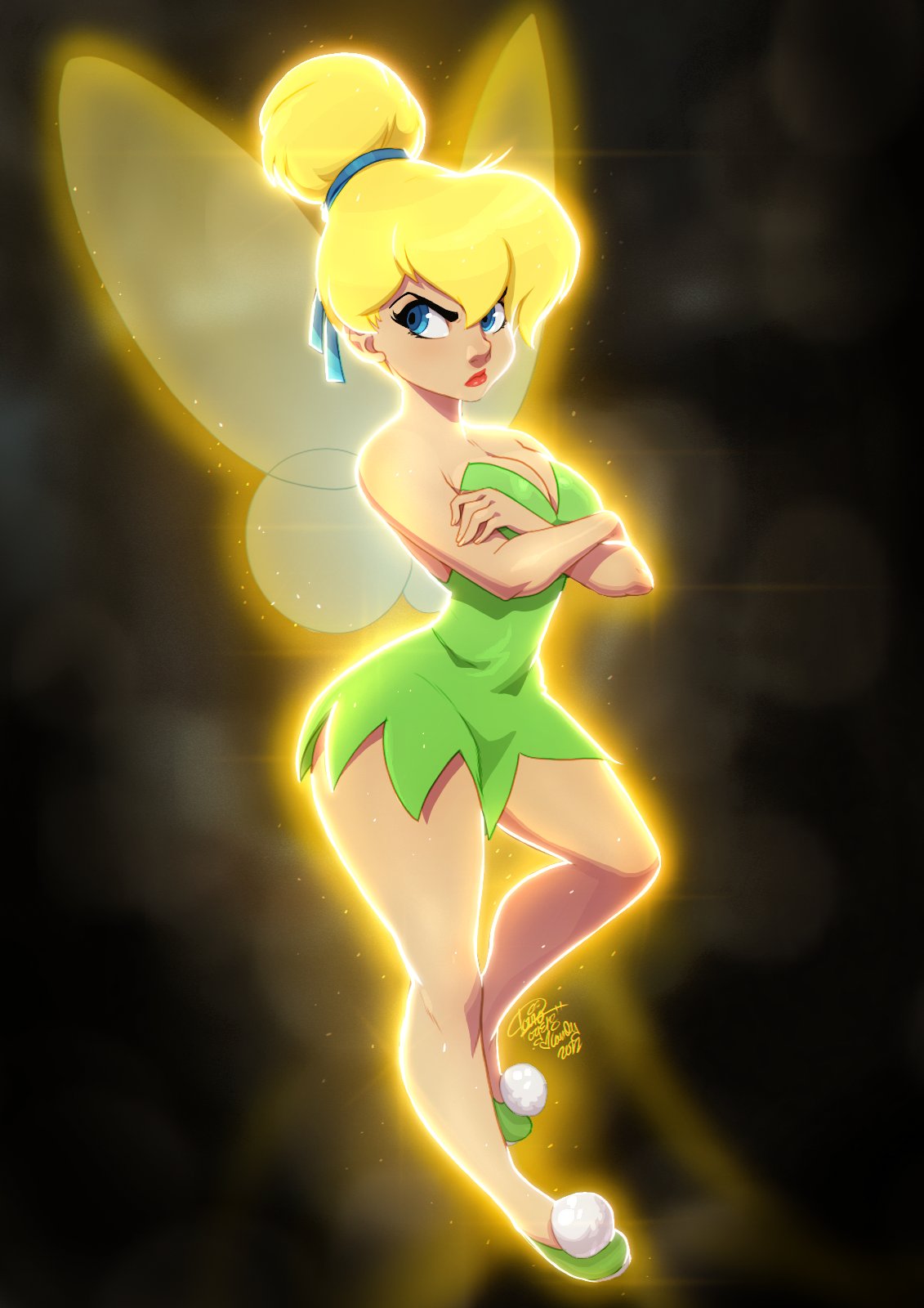 1girls, angry, arms crossed, big breasts, blonde female, blonde hair, breasts, cleavage, crossed arms, disney, disney fairies, dress, female, green dress, light skin, light-skinned female, lipstick, peter pan (disney), ponytail, short dress, solo, solo female, thick thighs, tinker bell, tovio rogers, wide hips
