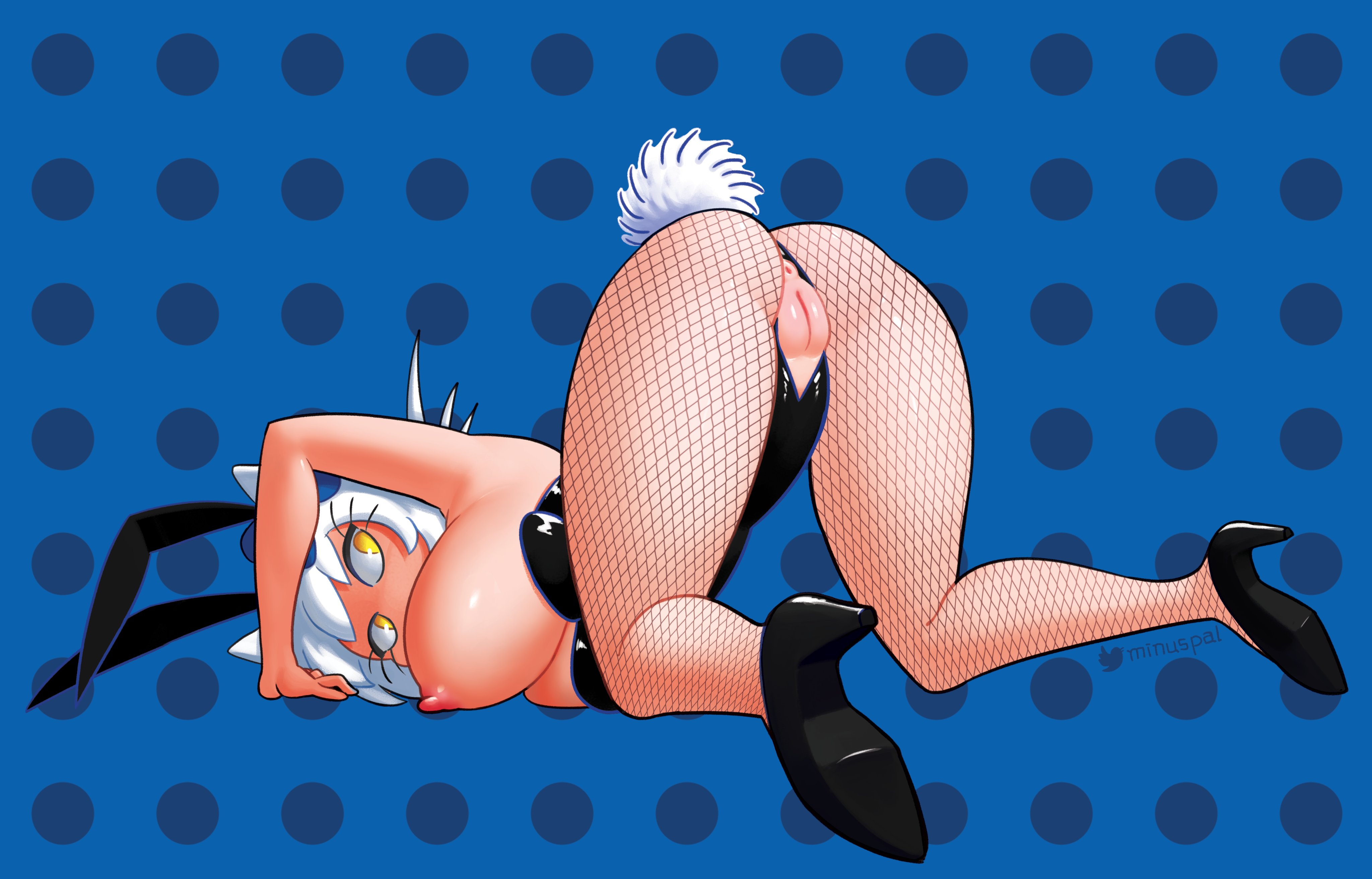 1girls, absurd res, all fours, animal ears, armpits, artist name, ass, ass up, bare shoulders, bent over, big ass, black leotard, blue background, bow, breasts, bunny ears, bunny girl, bunny tail, bunnysuit, cat ears, cat girl, catgirl, fake animal ears, fake tail, female, female only, fishnet pantyhose, fishnets, full body, hair ribbon, hairband, hanging breasts, hello kitty, hello kitty (character), hello kitty (series), high heels, highres, humanized, kitty white, large breasts, looking back, minus8, nipples, pantyhose, polka dot background, sanrio, short hair, solo, tail, thick thighs, thighs, watermark, white hair, yellow eyes