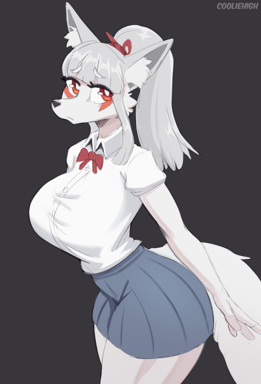 2022 anthro big_breasts black_pupils breasts canine canine_humanoid clothed clothed_female cooliehigh digital_media_(artwork) ear_tuft eyebrows eyebrows_visible_through_hair eyelashes eyelashes_visible_through_hair female female_only fox fox_humanoid furry furry_female furry_only grey_background grey_hair hair high_school_inari_tamamo-chan! looking_at_viewer no_humans ponytail red_eyes school_uniform sketch skirt solo solo_female standing tagme tamamo_fushimi thick_thighs thighs tuft white_body white_eyebrows white_pupils white_sclera