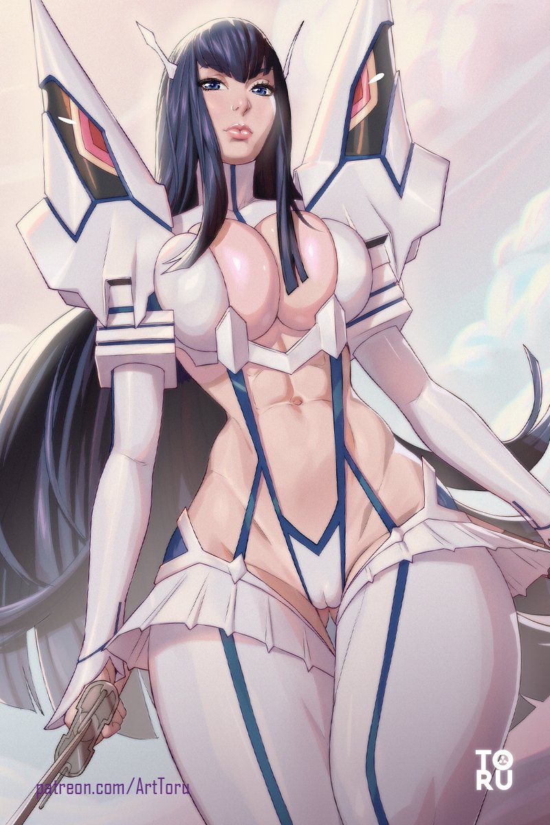 1girls, arttoru, black hair, blue eyes, breasts, clothed, female, holding weapon, junketsu, kill la kill, kiryuuin satsuki, large breasts, leotard, long hair, sword