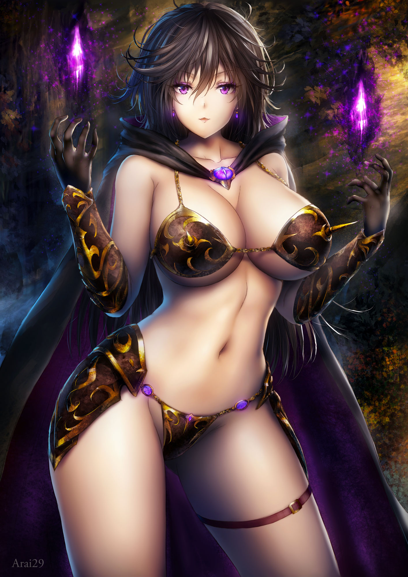 1girls, arai29, armor, big breasts, bikini armor, breasts, brown hair, busty, cape, cleavage, female, female only, hi res, large breasts, legs, looking at viewer, makeup, navel, purple eyes, short hair, smile, solo, thighs, underboob, voluptuous, witch