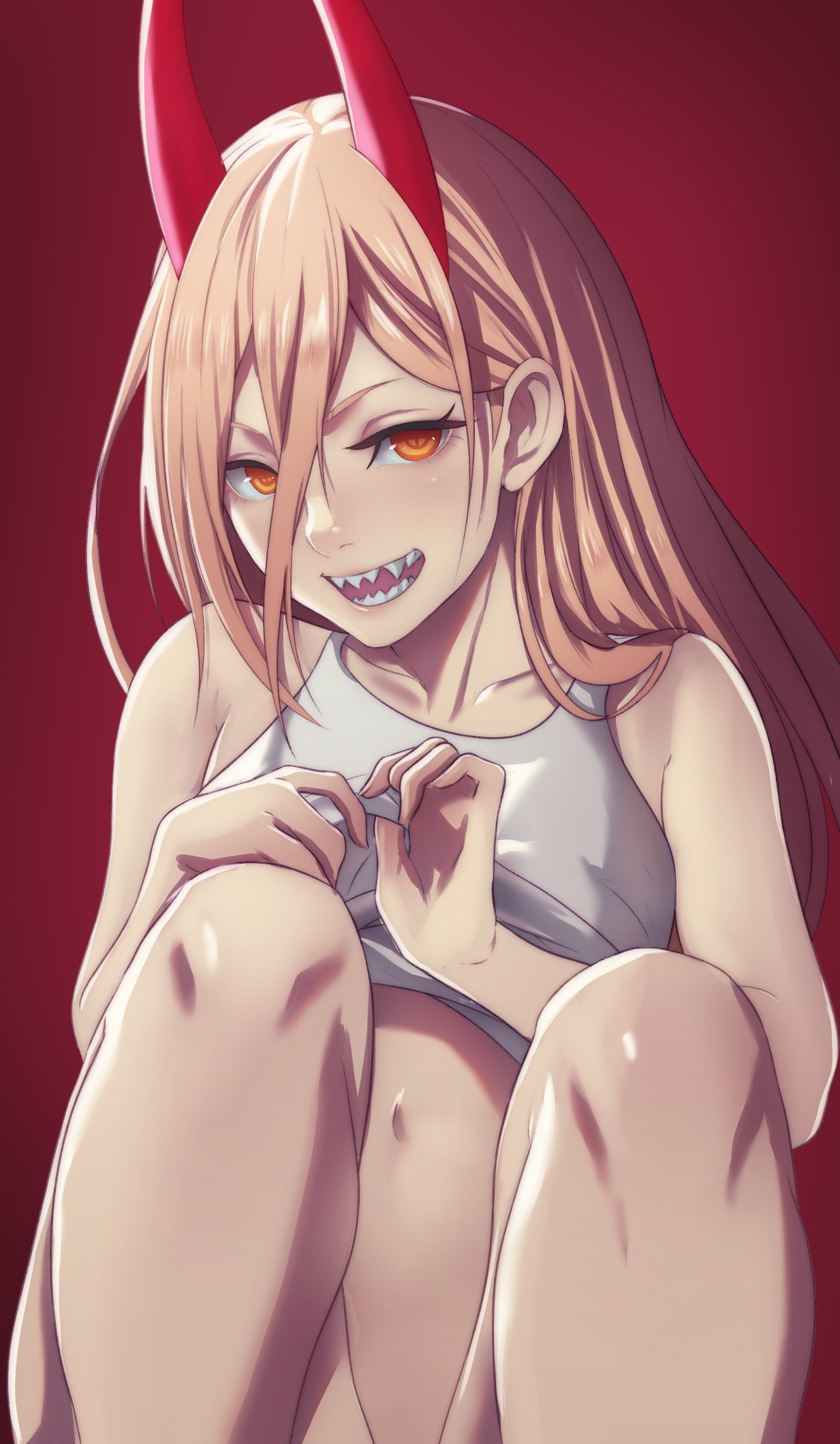 1girls, bare legs, bare midriff, brown hair, chainsaw man, female, female only, hair between eyes, horns, legs, long hair, looking at viewer, midriff, orange eyes, pomelomelon, power (chainsaw man), sharp teeth, shirt lift, sitting, smile, solo, solo female, tank top, undressing