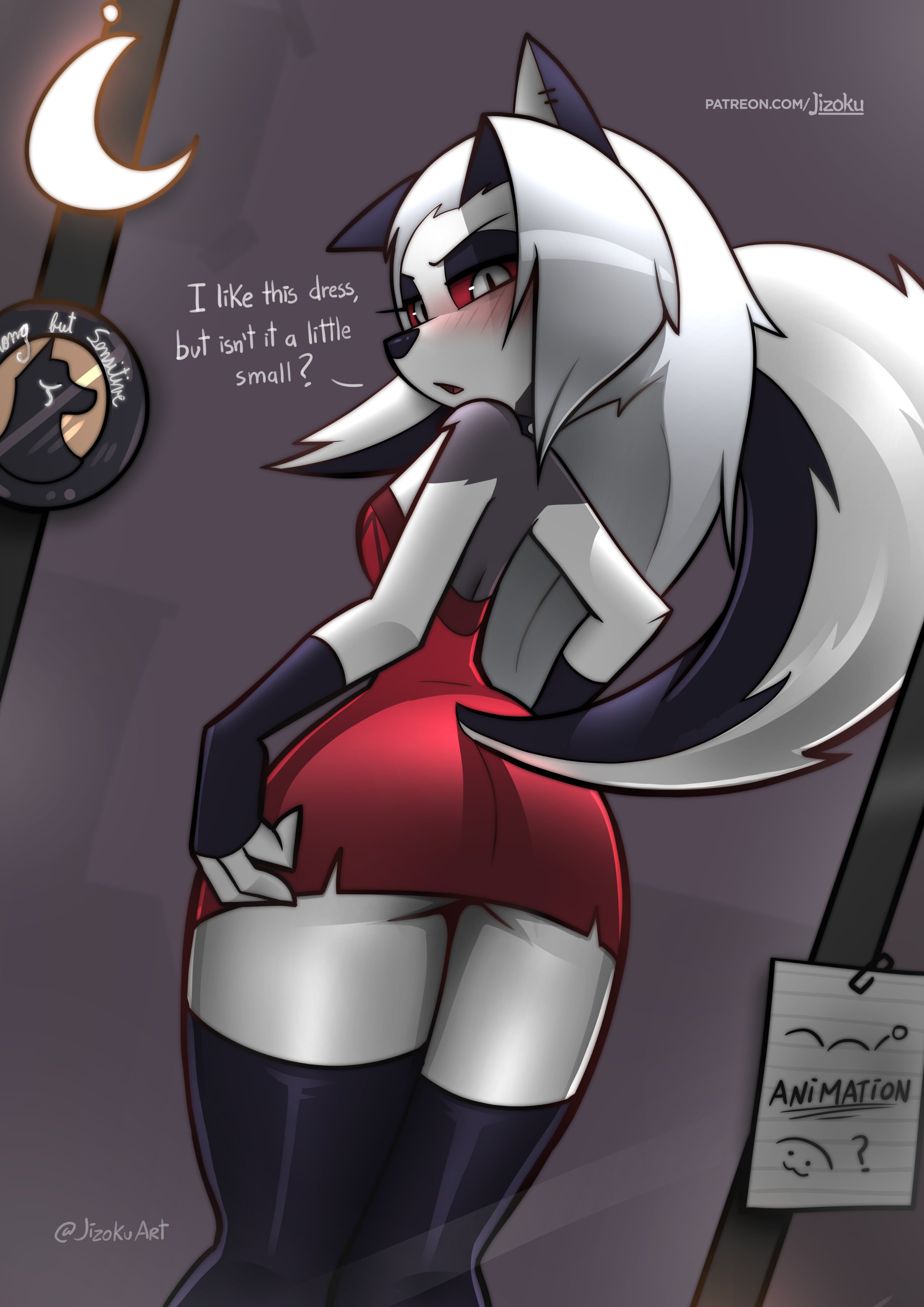 1girls, anthro, ass, ass in dress, dialogue, female, fur, furry, hellhound, helluva boss, jizoku, loona (helluva boss), minidress, mirror, mirror reflection, rear view, red dress, solo, solo female, solo focus, text, thigh highs, thighhighs, white fur