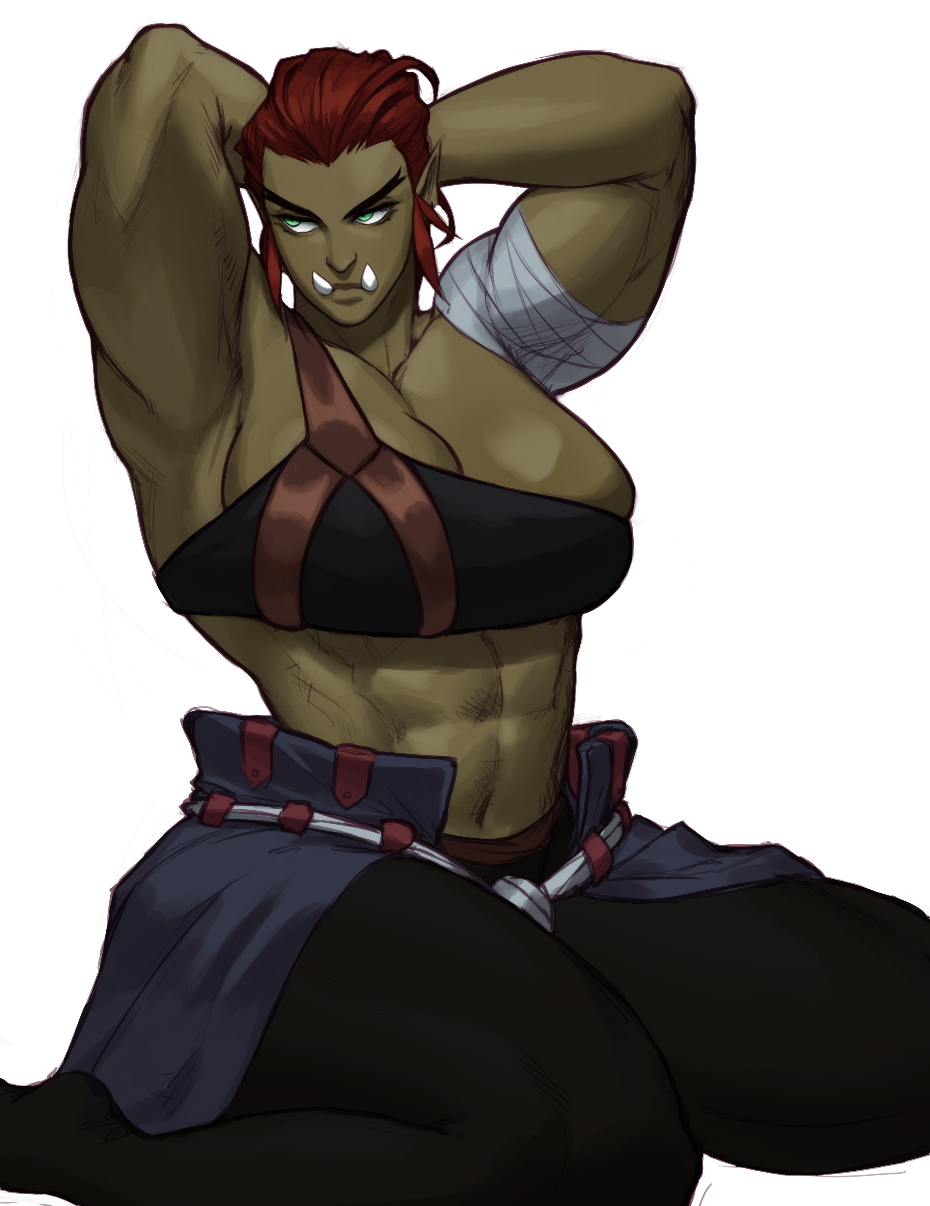 1girls, absurd res, arms behind head, big breasts, breasts, fangs, female, female only, green eyes, green skin, green-skinned female, kneeling, looking away, muscles, muscular, muscular female, narrowed eyes, orc, orc female, overflowing breasts, pointy ears, red hair, solo, sotcho, thick thighs, white background