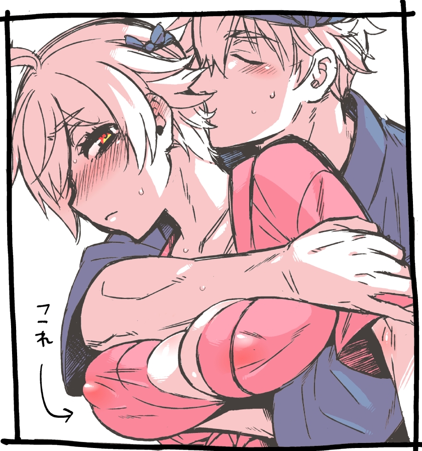 1boy 1girls big_breasts blush breast_squish canon_genderswap chokukame cleavage dual_persona embarrassed female genderswap_(mtf) ginko_sakata gintama gintoki_sakata hachimaki hug hugging_from_behind japanese_clothes kimono male nipple_bulge rule_63 selfcest sweat upper_body very_short_hair white_hair