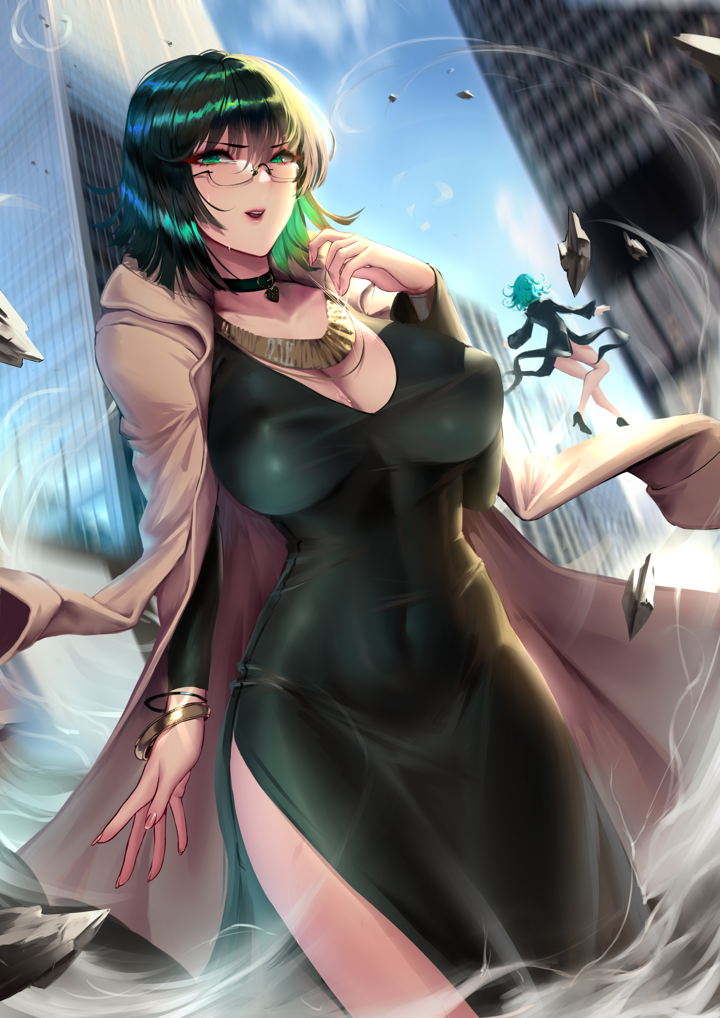1girls, 2022, absurd res, bangs, belly, belly button, big breasts, blue sky, bob cut, breasts, building, busty, choker, cianyo, cleavage, clothed, clothing, curvaceous, curvy, curvy body, curvy female, curvy figure, dark green hair, dress, esper, exposed thighs, eye contact, eyelashes, female, female focus, female only, fringe, front view, fubuki (one-punch man), glasses, green eyes, green hair, hand up, highres, hips, hourglass figure, jacket, jewelry, large breasts, legs, light skin, light-skinned female, lips, lipstick, long sleeves, looking at viewer, medium hair, midriff, nails, navel, necklace, nipple bulge, one-punch man, open jacket, open mouth, outside, psychic, rocks, rubble, short hair, sky, slim, slim waist, smile, smiling at viewer, solo, solo female, solo focus, standing, sweat, sweating, telekinesis, thighs, thin waist, tight clothing, tight dress, toned, toned body, toned female, toned stomach, turtleneck, voluptuous, waist, wide hips
