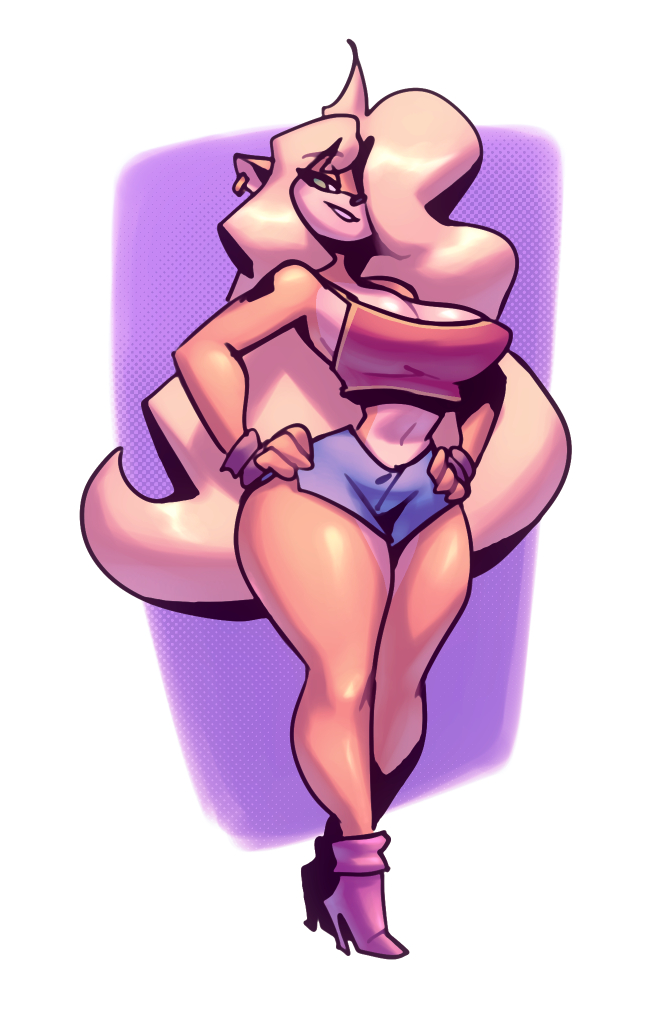 anthro, big breasts, bigdad, blonde hair, breasts, crash (series), crash bandicoot (series), darnact, ear piercing, female, fingerless gloves, fully clothed, gloves, green eyes, hair over one eye, hands on hips, high heels, large breasts, long hair, midriff, polka dot background, purple background, short shorts, shorts, smile, solo, standing, tawna bandicoot, thick thighs, white background