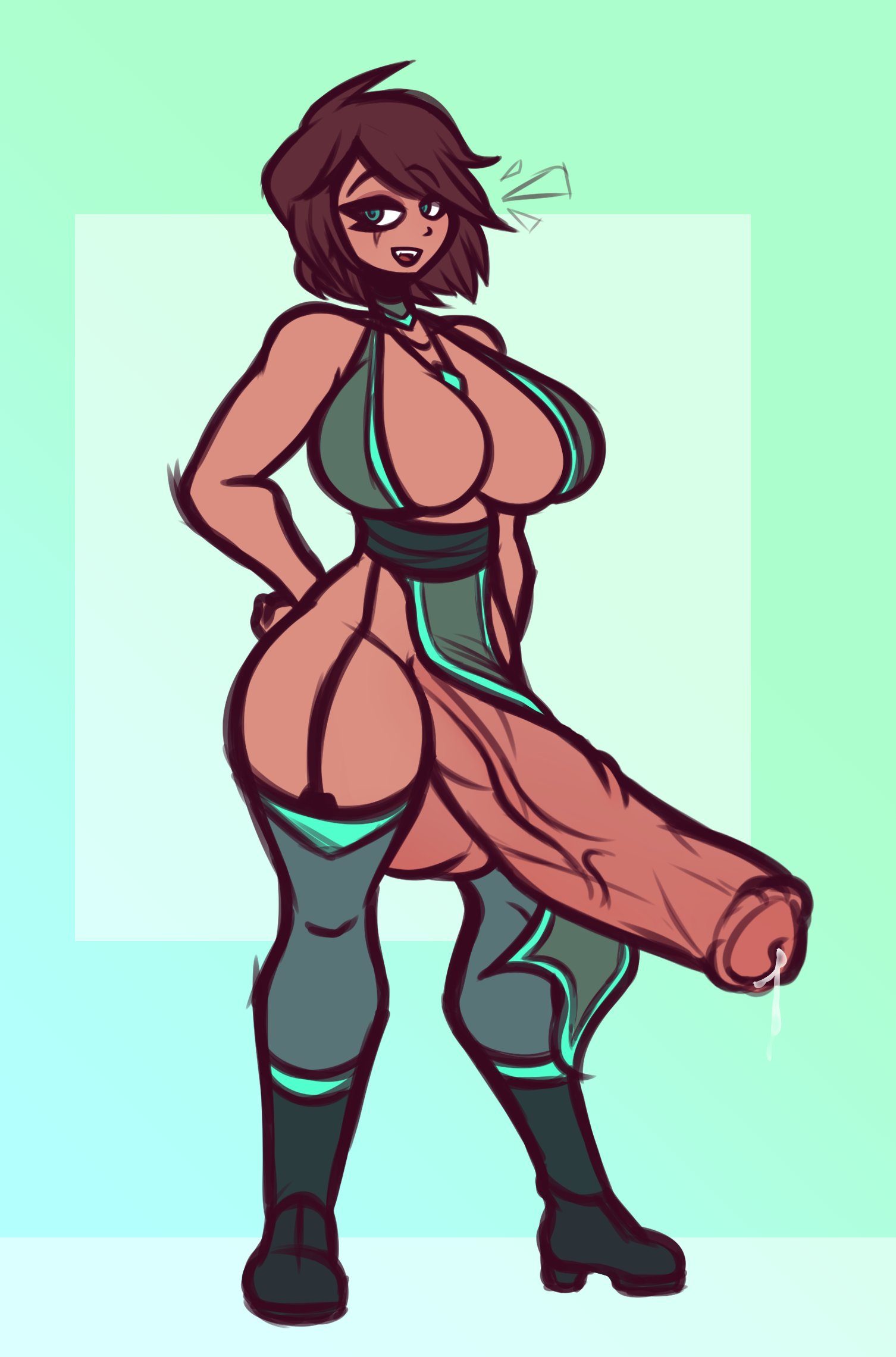 1futa, 2022, balls, big hips, big thighs, breasts, brown hair, cleavage, clothed, clothing, dark skin, dark-skinned futa, dress, erection, full body, futa only, futanari, garter straps, gemrazzled, green eyes, horsecock, huge breasts, huge cock, human, human with animal genitalia, human with horsecock, intersex, mostly nude, pelvic curtain, penis, short hair, solo, standing, thick thighs, thighhighs, wide hips