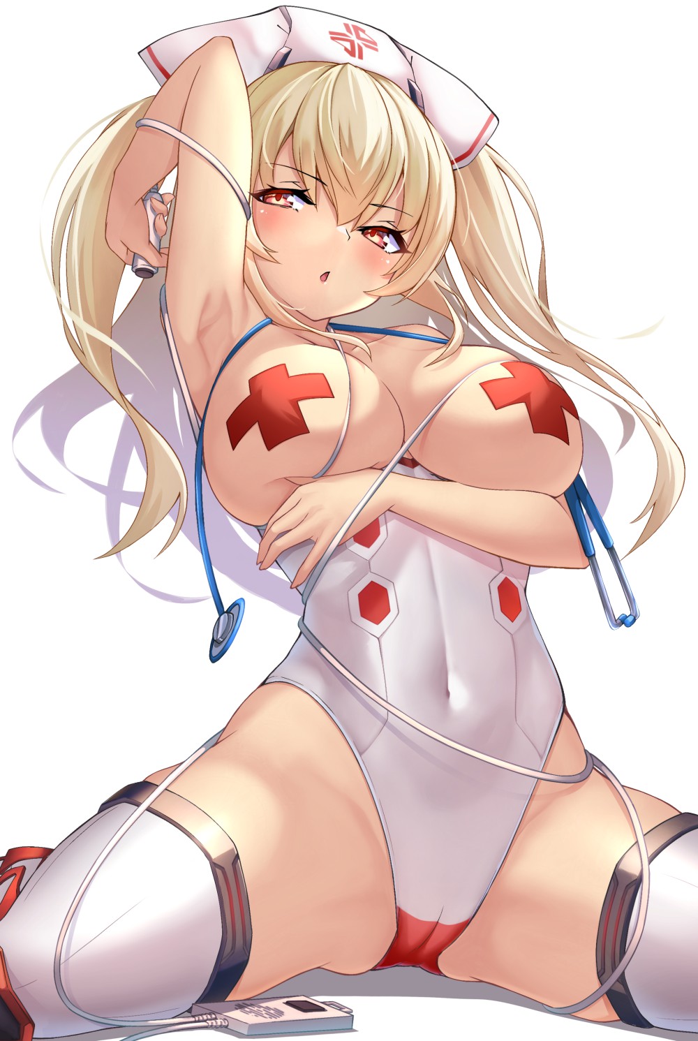 1girls :o arm_under_breasts arm_up armpits blonde_female blonde_hair breast_press breasts breasts_out cameltoe commission covered_nipples cross_pasties female female_only hat highres kneeling large_breasts leotard light-skinned_female light_skin looking_at_viewer navel nurse nurse_cap orange_eyes oserotto pasties phantasy_star phantasy_star_online_2 pizza_kanon red_eyes red_pasties rikiddo_(tise_00) skeb_commission skin_tight skindentation solo solo_female spread_legs stethoscope thighs topless valgiris