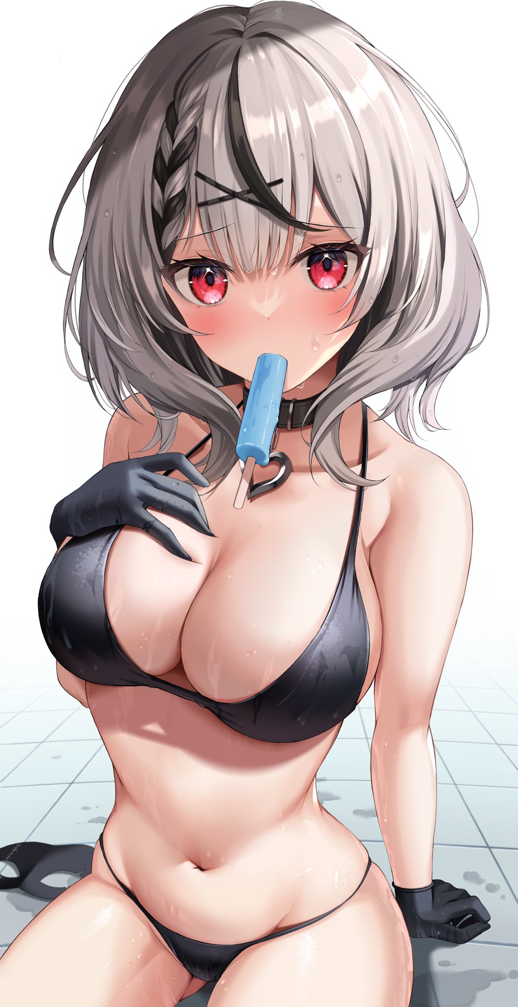 bikini, bikini bottom, bikini top, blush, breasts, choker, embarrassed, female, gloves, hand on breast, heart necklace, hololive, hololive japan, holox, looking at viewer, multicolored hair, owo utekiro, popsicle, popsicle in mouth, pov, red eyes, sakamata chloe, tile floor, virtual youtuber, white background, white hair