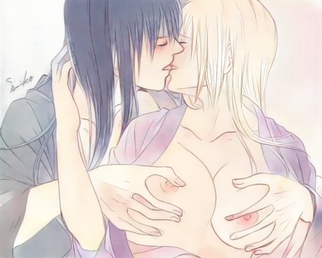 1boy 1girls big_breasts black_hair blonde_female blonde_hair blush breast_squish cleavage closed_eyes female gintama grabbing_from_behind groping groping_from_behind ikumatsu_nishiki katsura_kotarou kimono kissing long_hair long_hair_male male no_bra open_clothes open_kimono sodenosumi_(some_sumiko) upper_body