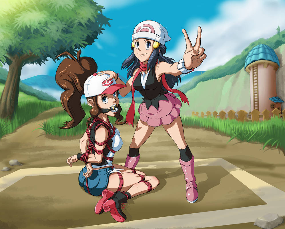 2girls, arms tied behind back, ball gag, baseball cap, blue hair, bondage, boots, bound, breasts, brown hair, dawn (pokemon), dress, female, female only, femdom, femsub, gag, gagged, game freak, green eyes, hand on head, high heels, hilda (pokemon), jean shorts, legs tied, medium breasts, medium hair, multicolored dress, multiple females, multiple girls, nintendo, nipple bulge, nipples visible through clothing, outdoors, outside, poke ball gag, pokemon, pokemon bw, pokemon dppt, ponytail, rope, rope bondage, scarf, shirt, shorts, sitting, standing, tied up, tree, yukas armstrong, yuri