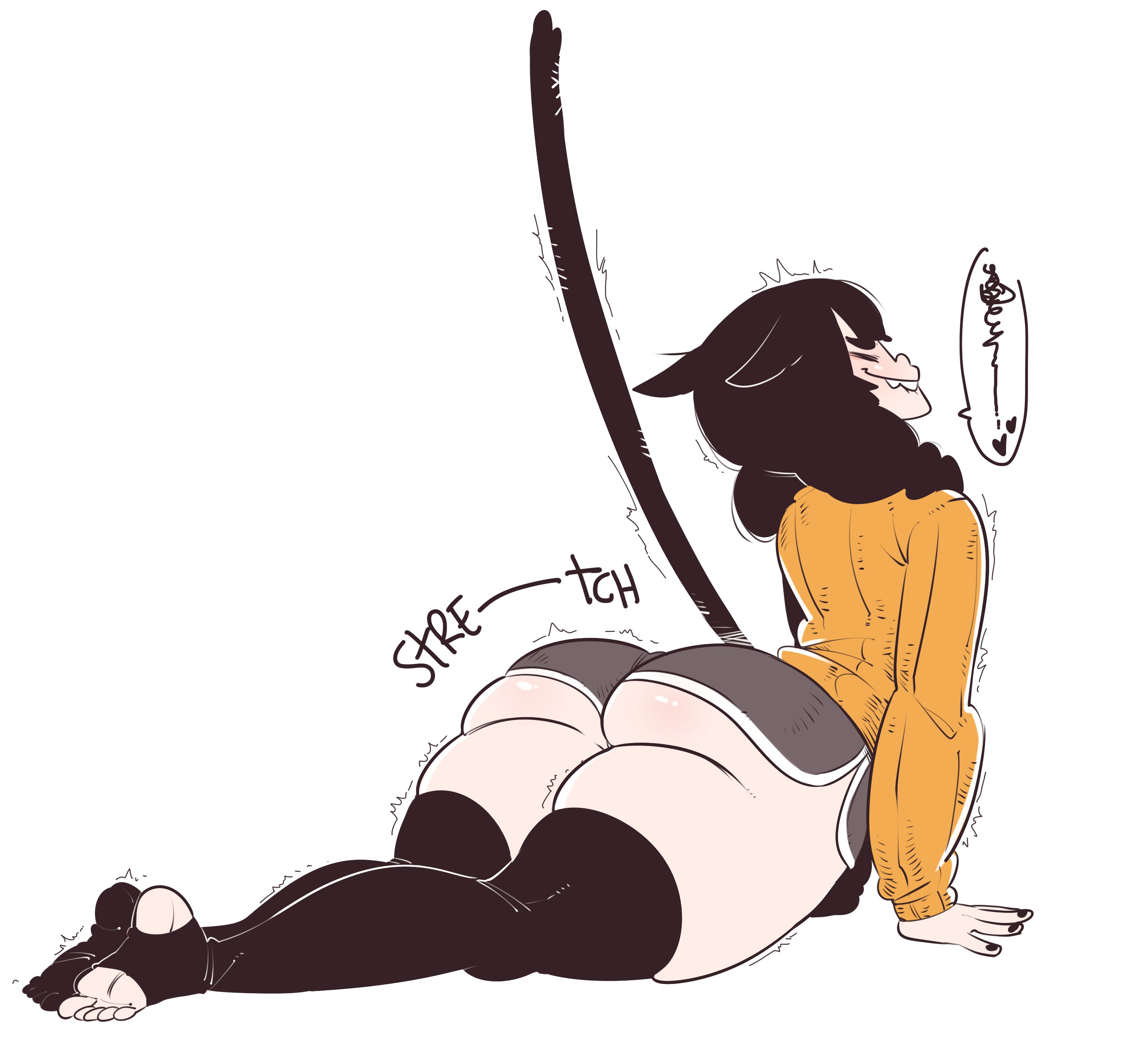 ass, ass hanging out of shorts, black hair, cat ears, cat tail, large ass, nuclearwasabi, painted nails, shorts, stretching, sweater, thick thighs, thighhighs