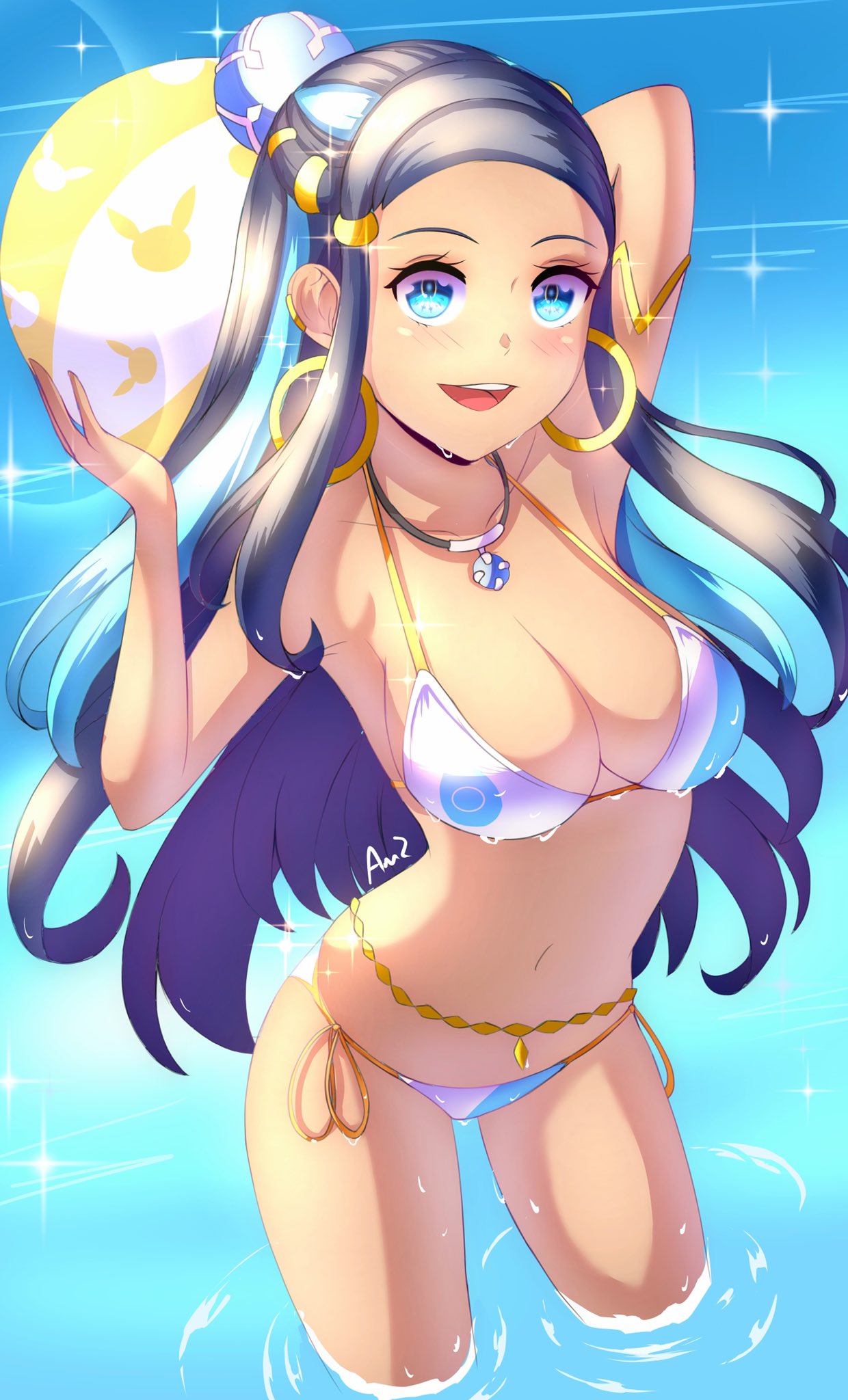 anisdrawn, blue eyes, breasts, earrings, female, female only, nessa (pokemon), nintendo, open mouth, pokemon, pokemon ss, solo, tagme