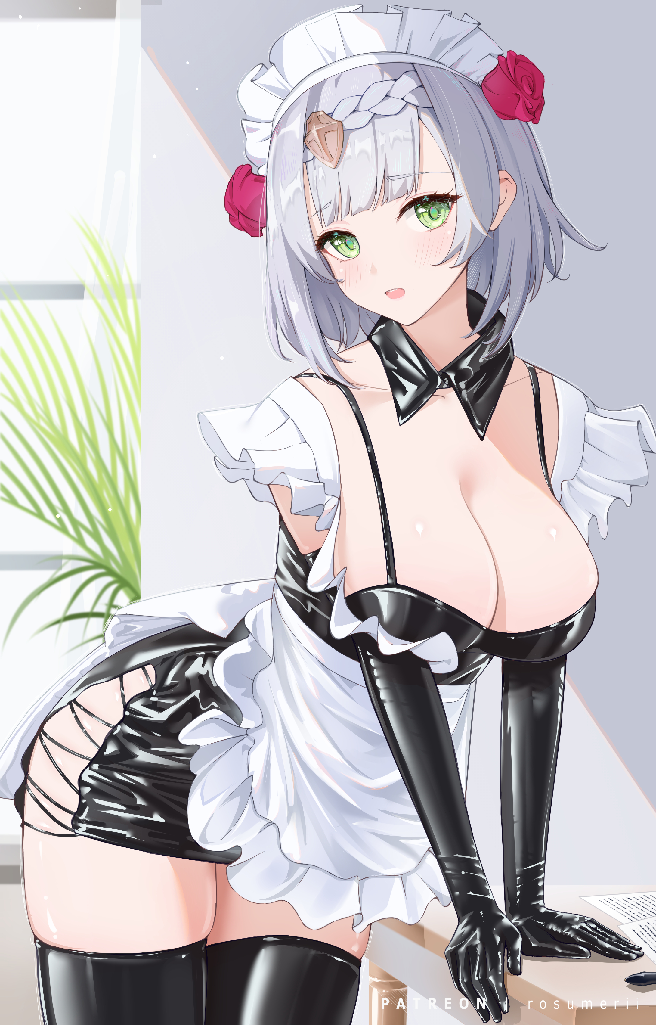 1girls, 2022, breasts, cleavage, female, female only, genshin impact, green eyes, hi res, hips, huge breasts, light blush, light skin, light-skinned female, long hair, looking at viewer, maid, maid headdress, maid outfit, noelle (genshin impact), rosumerii, short hair, slim waist, thick thighs, thighhighs, thighs, white hair, wide hips