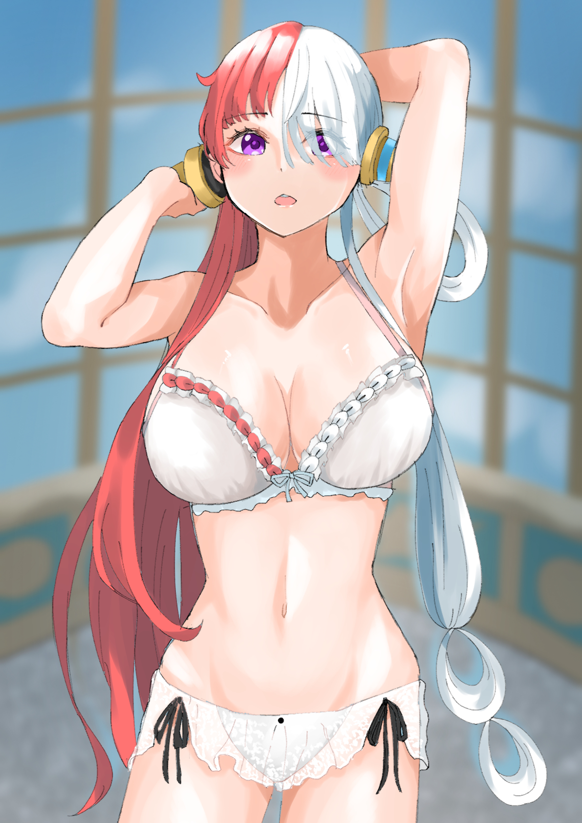 1girls, arms up, belly button, breasts, busty, cleavage, curvy, female, female only, lingerie, nipperltcol, one piece, one piece film red, purple eyes, red hair, red-haired female, solo, toned, tummy, two tone hair, two-tone hair, underwear, uta (one piece), white hair, white-haired female