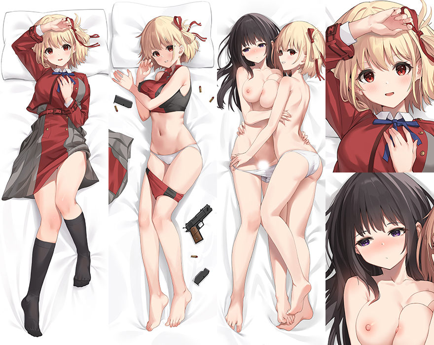 2girls ass asymmetrical_docking bangs barefoot belt bikini bikini_pull black_bikini black_hair black_socks blonde_female blonde_hair bloomers blue_ribbon blush breast_press breasts bullet buruma cartridge censored close-up closed_mouth clothes_pull dakimakura_(medium) dress grey_dress grin gun hair_ribbon hair_rings hand_on_own_chest handgun inoue_takina knee_socks kneehighs kneesocks large_breasts long_hair long_sleeves looking_at_viewer lycoris_recoil lycoris_uniform lying medium_breasts multiple_girls multiple_views nipples nishikigi_chisato nose_blush on_back open_mouth panties pillow pleated_dress purple_eyes pussy qianduan_mozhi red_belt red_bikini red_dress red_ribbon ribbon school_uniform schoolgirl short_hair smile socks stomach swimsuit tankini topless two-tone_bikini two-tone_dress underwear underwear_only undressing weapon white_panties yuri