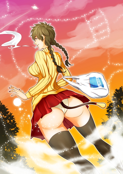 alternate_costume big_ass black_hair black_legwear black_thighhighs braided_hair canon_genderswap cigarette female female_only genderswap_(mtf) gintama hijikata_tenko hijikata_toshiro long_hair low-angle_view mayonnaise nylons panties rule_63 smoke smoking solo sweater tail thighhighs turtleneck twin_braids upskirt white_panties