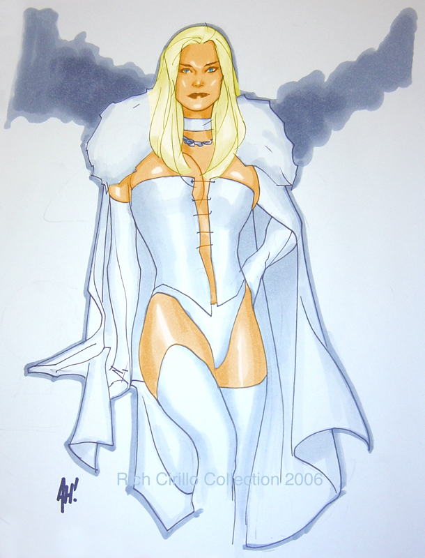 adam_hughes blonde_hair blue_eyes cape clothed emma_frost female female_only marvel marvel_comics traditional_media_(artwork) white_cape white_clothing white_queen x-men