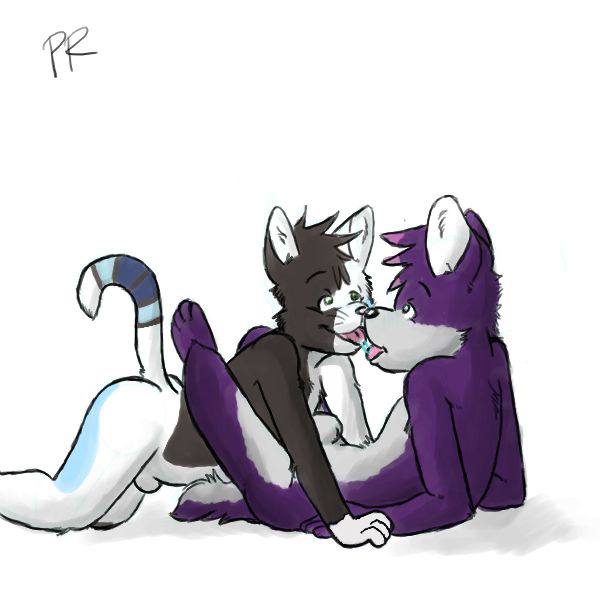 2010 anthro canine couple cuddle eye_contact feline fur furry furry_only gay kissing looking_at_another male no_humans priestrevan raised_tail saliva sheath skylar tail whiskers wolf zander