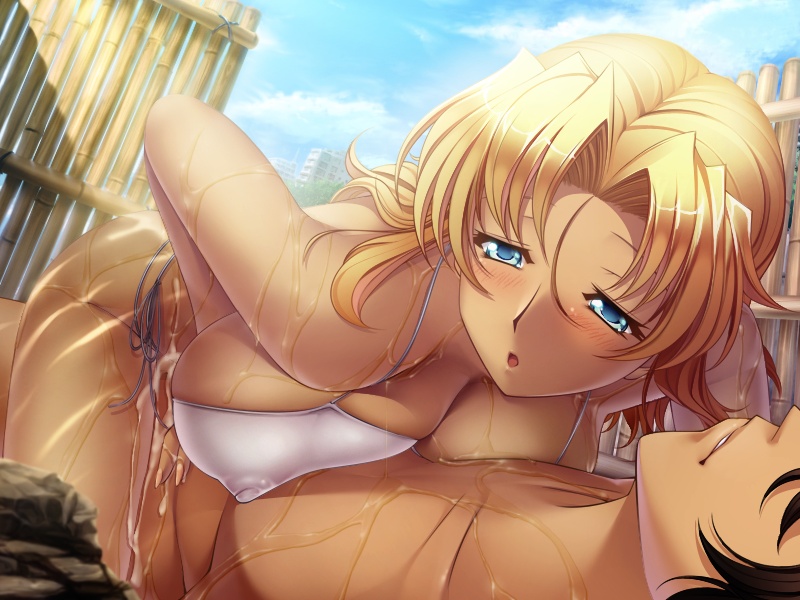 blonde_hair breasts cowgirl_position cum cum_in_pussy cum_inside dark_skin hair karen_suzuki large_breasts lotion okaa-san_ga_ippai