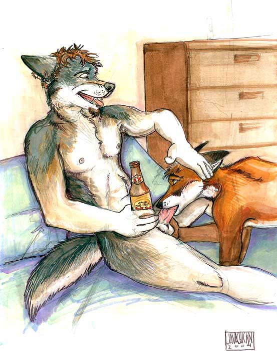 2004 allison_reed anthro ball_fondling balls beard bed beer canine eye_contact fellatio fox fur furry furry_only gay humanoid_penis java looking_at_another male no_humans oral oral_sex penis pillow sex wolf