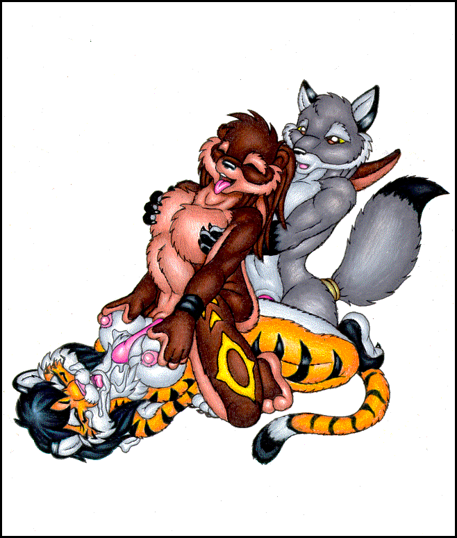 anthro black black_nose breasts brown canine closed_eyes cum cumshot eyes feline female fur furry grey kneeling male markings nipples nude ollie_canal open_mouth orange_body orange_fur orgasm otter paizuri pearl_necklace penetration penis plantigrade sex sheath straight stripes tail threesome tiger tongue tongue_out white_background white_fur wolf