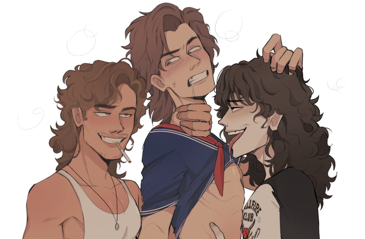 3boys angry_face billy_hargrove blush_lines cigarette drool eddie_munson gay licking looking_at_another neck_grab nicumkoro smiling smug steve_harrington stranger_things