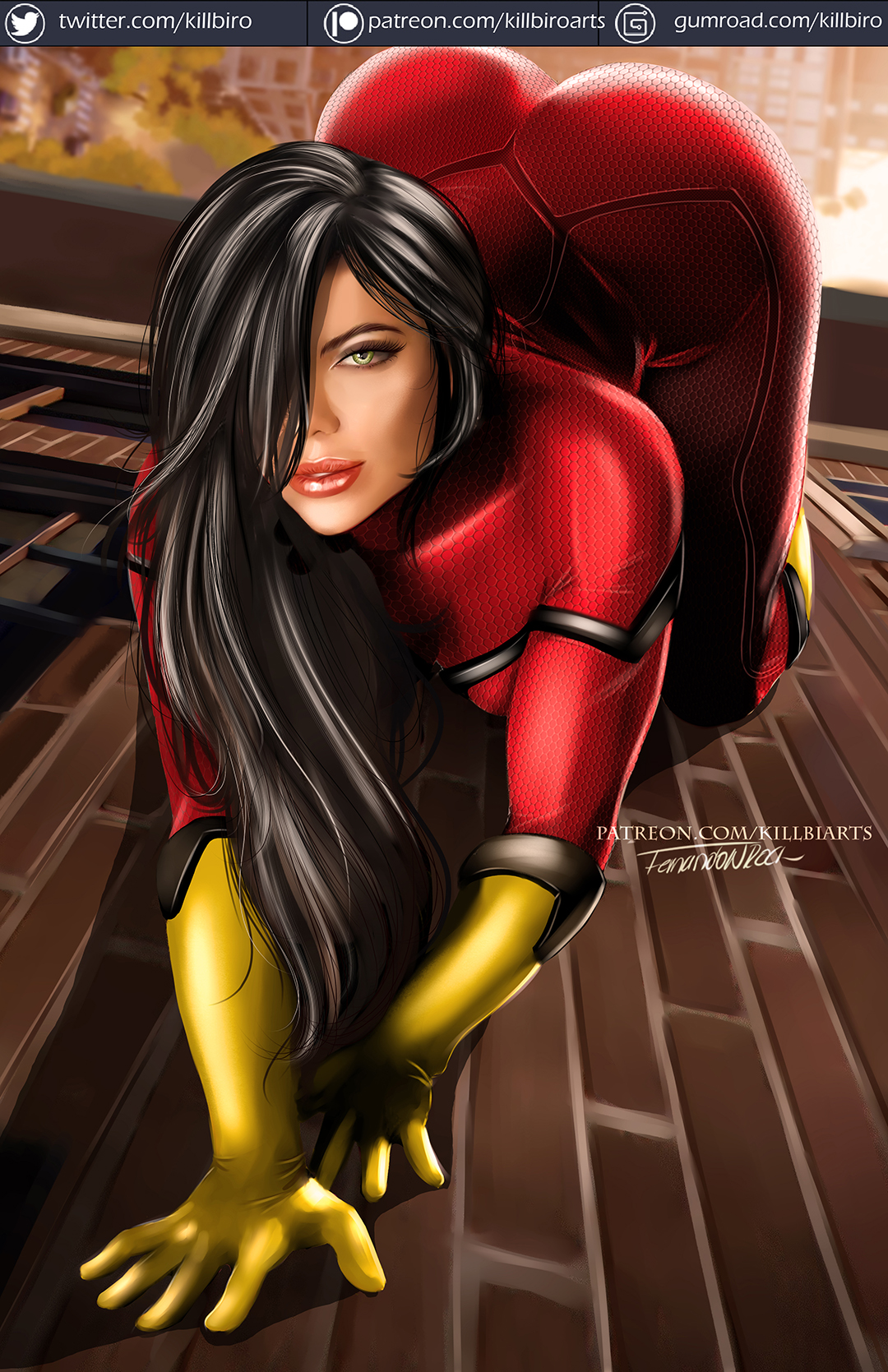 1girls, all fours, ass, ass up, big ass, big butt, black hair, bubble ass, bubble butt, eye contact, female, female only, fully clothed, green eyes, huge ass, human, human only, jessica drew, killbiro, kneeling, light skin, light-skinned female, long gloves, long hair, looking at viewer, marvel, marvel comics, on all fours, solo, spider-man (series), spider-woman, spider-woman by milo manara