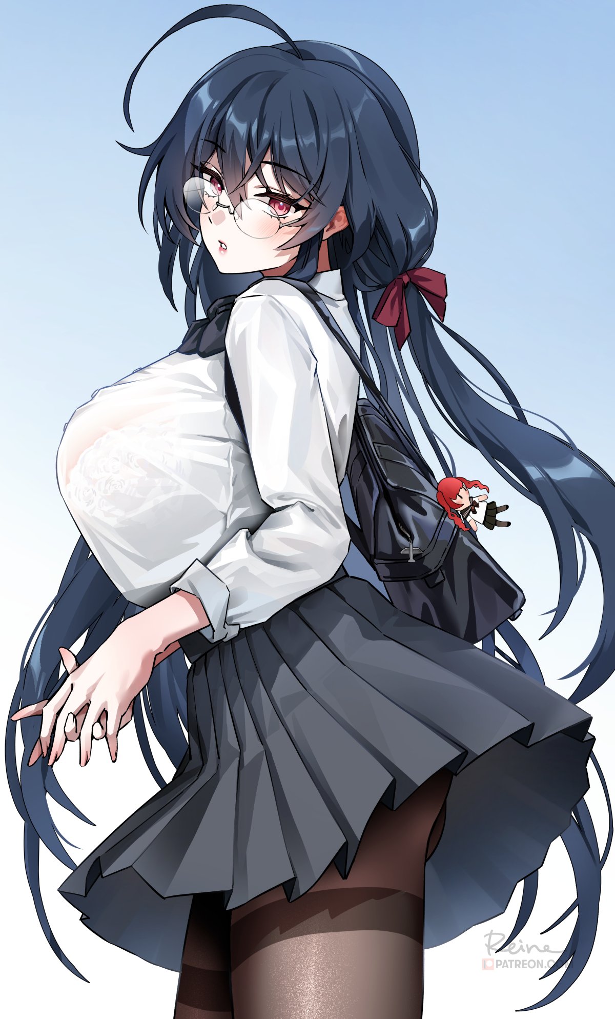 1girls, 2022, ahoge, azur lane, black hair, blush, bra, bra visible through clothes, breasts, female, female only, foxy rain (foxyreine), foxyrain (foxyreine), foxyreine, glasses, huge breasts, long hair, pantyhose, red eyes, school uniform, schoolgirl, short skirt, sideboob, skirt, taihou (azur lane), taihou (sweet time after school) (azur lane), twintails