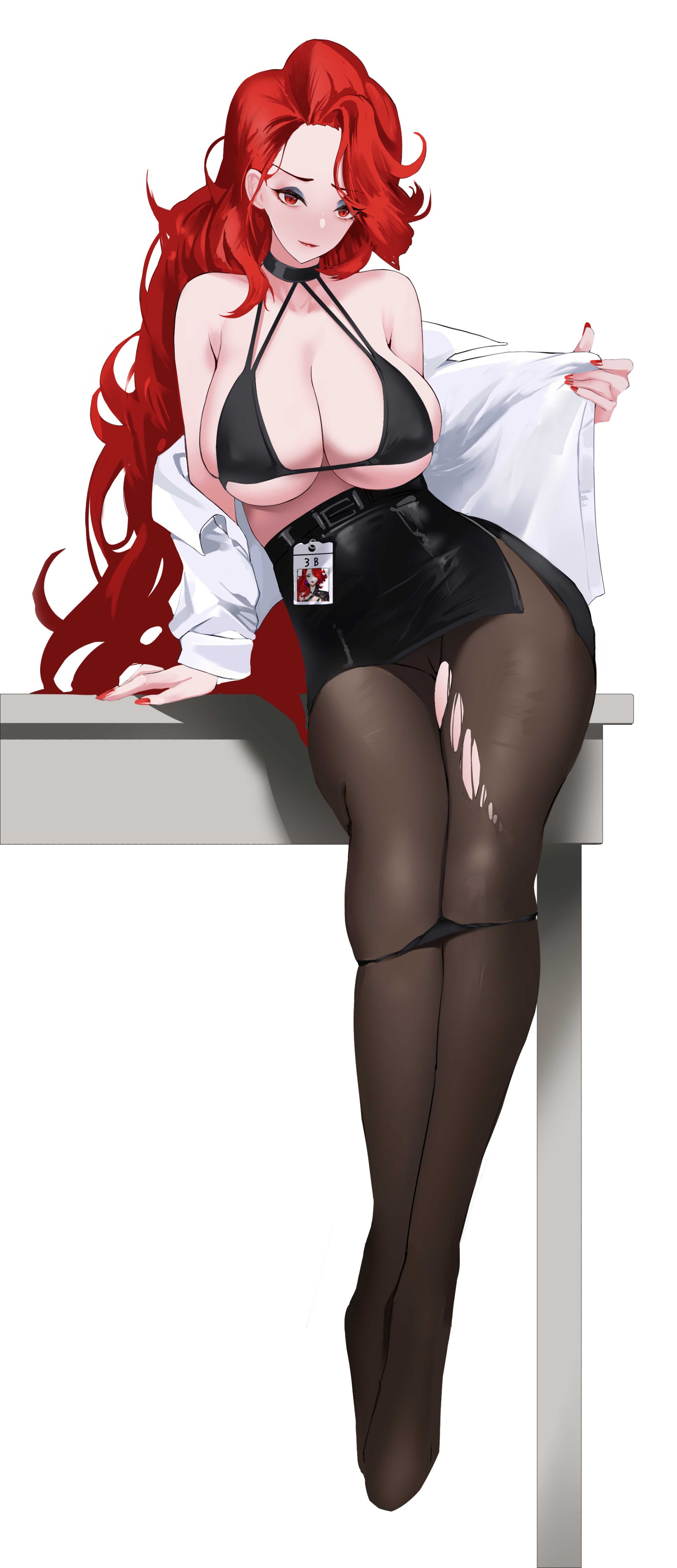 1girls, 2022, bikini top, black bikini top, breasts, cleavage, feet, feet in stockings, female, female only, huge breasts, light skin, light-skinned female, long hair, long legs, name tag, nevin (flyskying), no shoes, office lady, open shirt, original, original character, painted nails, panties down, pantyhose, red eyes, red hair, short skirt, skirt, torn pantyhose, white shirt