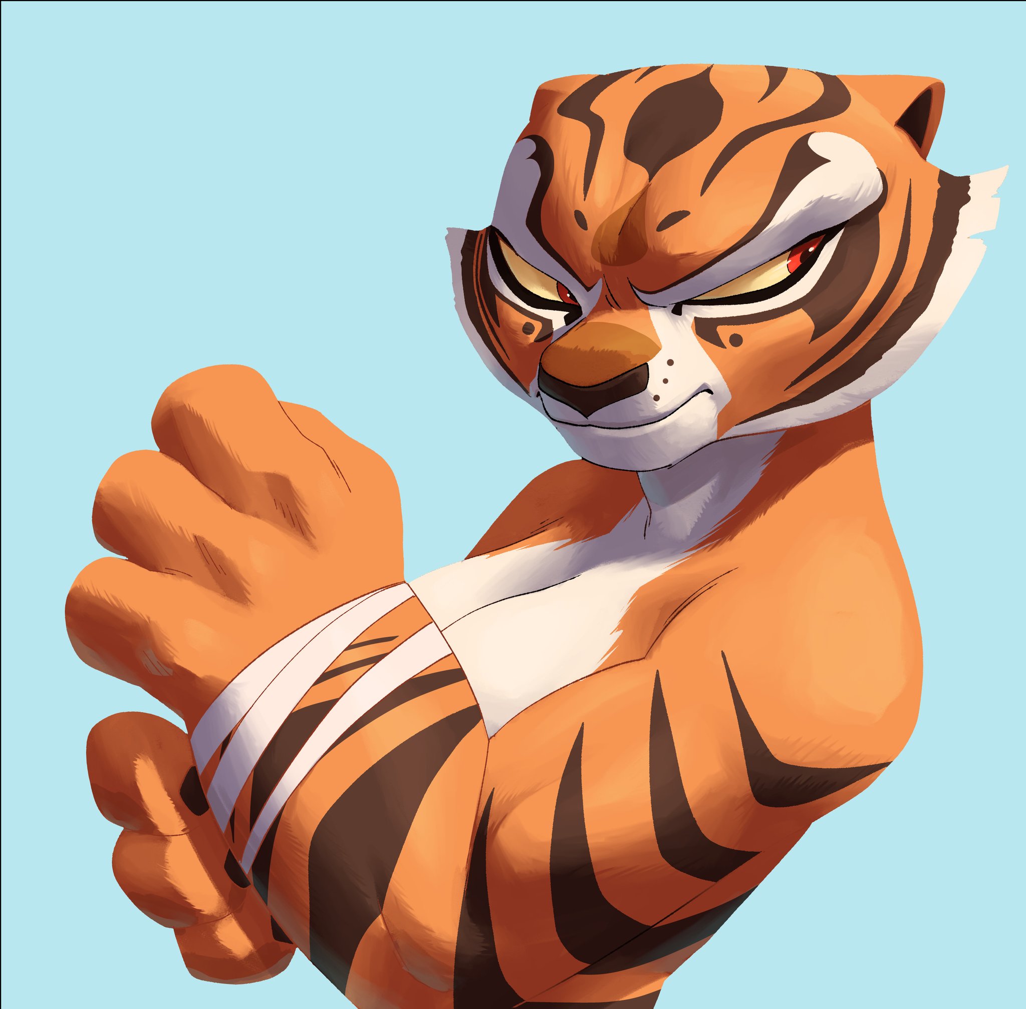 anthro, big breasts, breasts, cat girl, catgirl, female, female only, furry, humanoid, kung fu panda, master tigress, red eyes, solo, solo female, tiger, tiger girl, tigress, topless