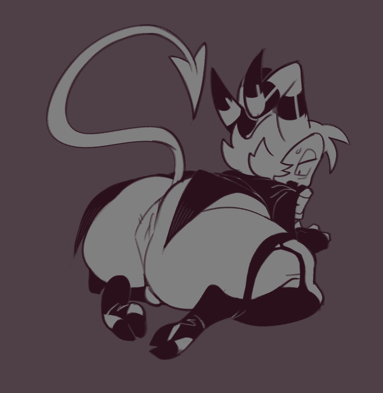 1boy, all fours, anus, ass, big ass, bottomless, clothing, demon, garter straps, helluva boss, horns, huge ass, imp, looking at viewer, looking back, male, male only, monochrome, moxxie (helluva boss), solo, submarine screw, tail, white hair