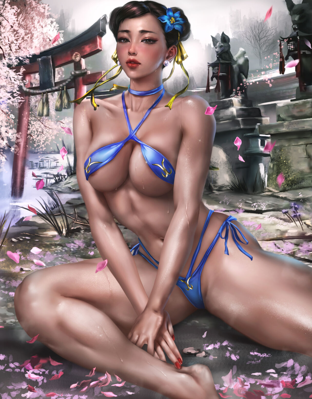 1girls alternate_version_available asian asian_female big_breasts bikini breasts brown_eyes brown_hair capcom cherry_blossoms chun-li female female_only horny logan_cure looking_at_viewer minibikini post_workout solo street_fighter sweat thick_thighs