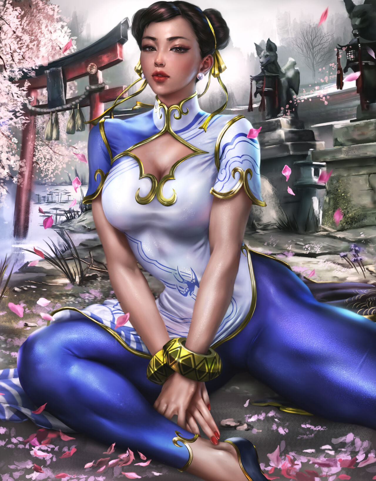 1girls, 2022, alternate version available, asian, asian female, big breasts, breasts, brown eyes, brown hair, capcom, cherry blossoms, chun-li, cleavage, female, female only, fully clothed, logan cure, looking at viewer, realistic, solo, street fighter, street fighter 6, thick thighs