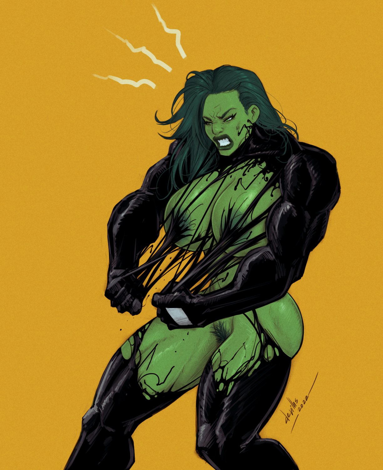 1girls, 2022, angry, areolae, artist name, artist signature, big breasts, breasts, busty, dated, devil hs, female, female only, green body, green eyes, green hair, green skin, hulk (series), long hair, marvel, marvel comics, mostly nude, muscles, muscular, muscular female, pubes, pubic hair, she-hulk, simple background, solo, spider-man (series), symbiote, tagme, thick thighs, transformation, venom (marvel), yellow background
