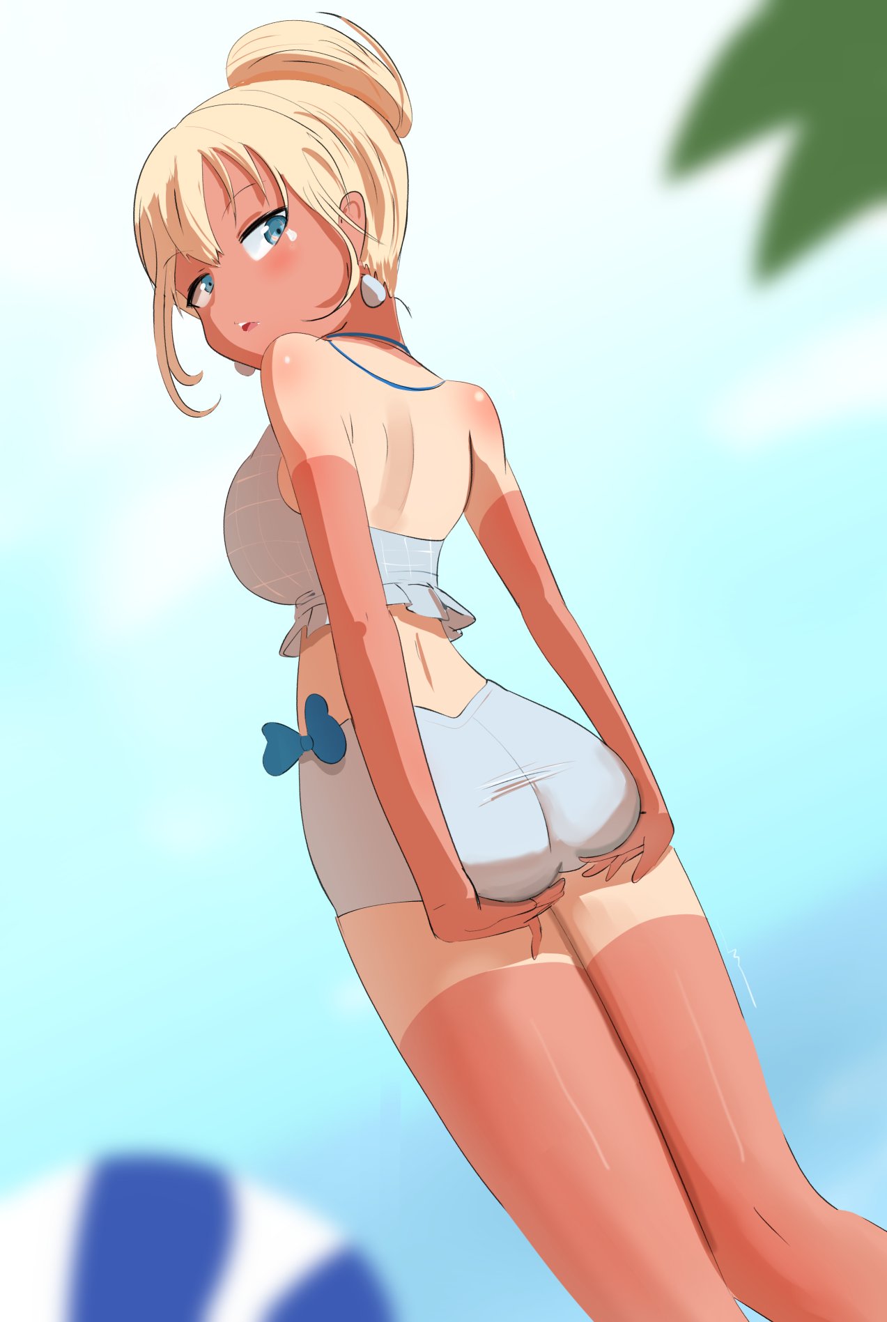 1girls angelchama ass ass_lift ass_support back back_view beach_umbrella big_breasts blonde_female blonde_hair female female_only hands_on_ass hands_on_own_ass hololive hololive_english hololive_myth tan_body tanline thighs virtual_youtuber watson_amelia