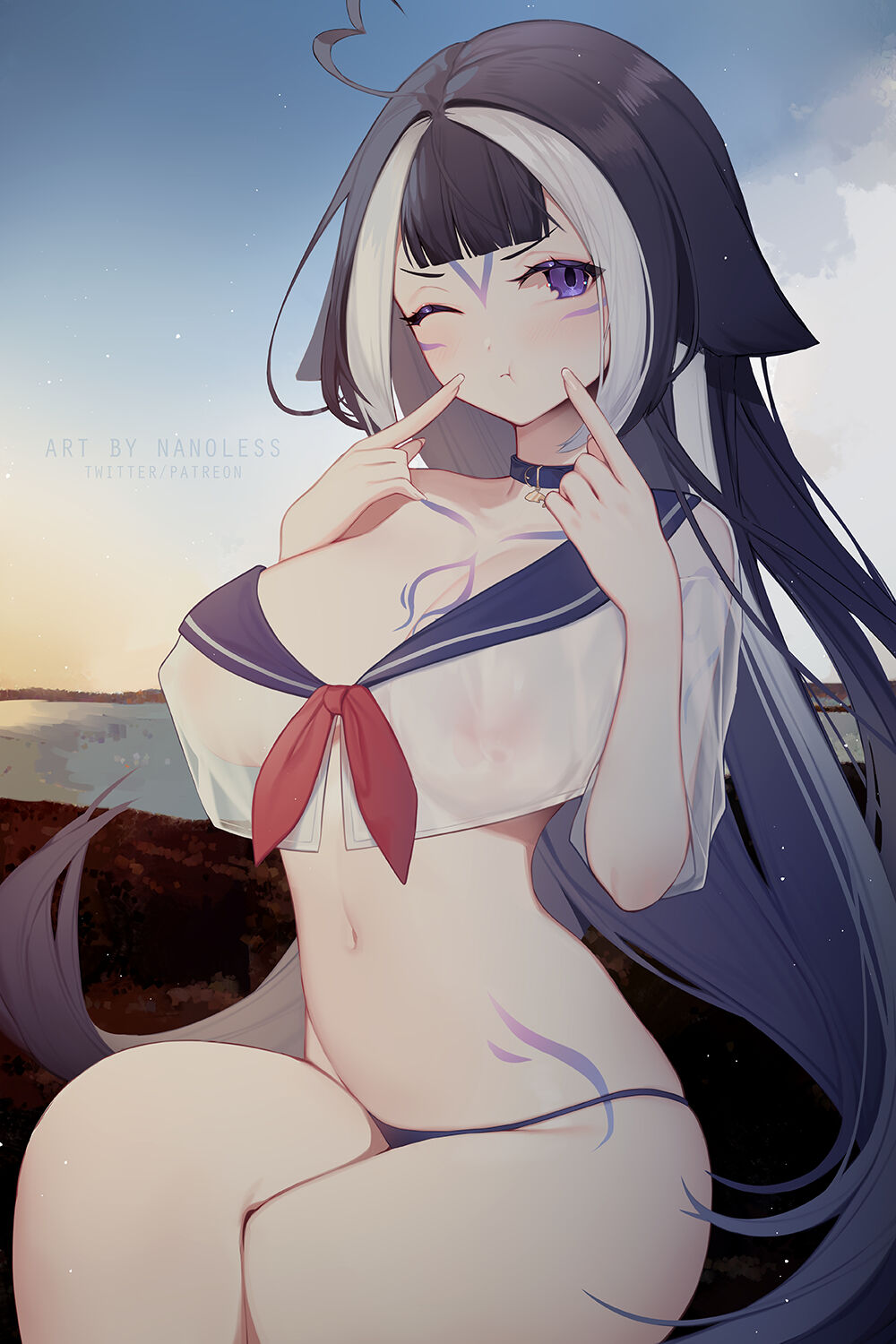 1girls belly belly_button big_breasts bikini bikini_bottom blue_hair body_markings cartoony choker chussy cleavage covered_nipples face_markings female female_only indie_virtual_youtuber legs_crossed long_hair nanoless nipples no_bra one_eye_closed one_eye_open orca panties pointing_at_self pout pouting purple_eyes ribbon see-through_clothing see-through_shirt shylily sitting solo thighs tongue tongue_out virtual_youtuber wet wet_clothes wet_clothing wet_shirt white_hair