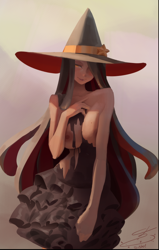 1girls black_hair lipstick long_hair nude original original_character partially_clothed susho witch witch_hat