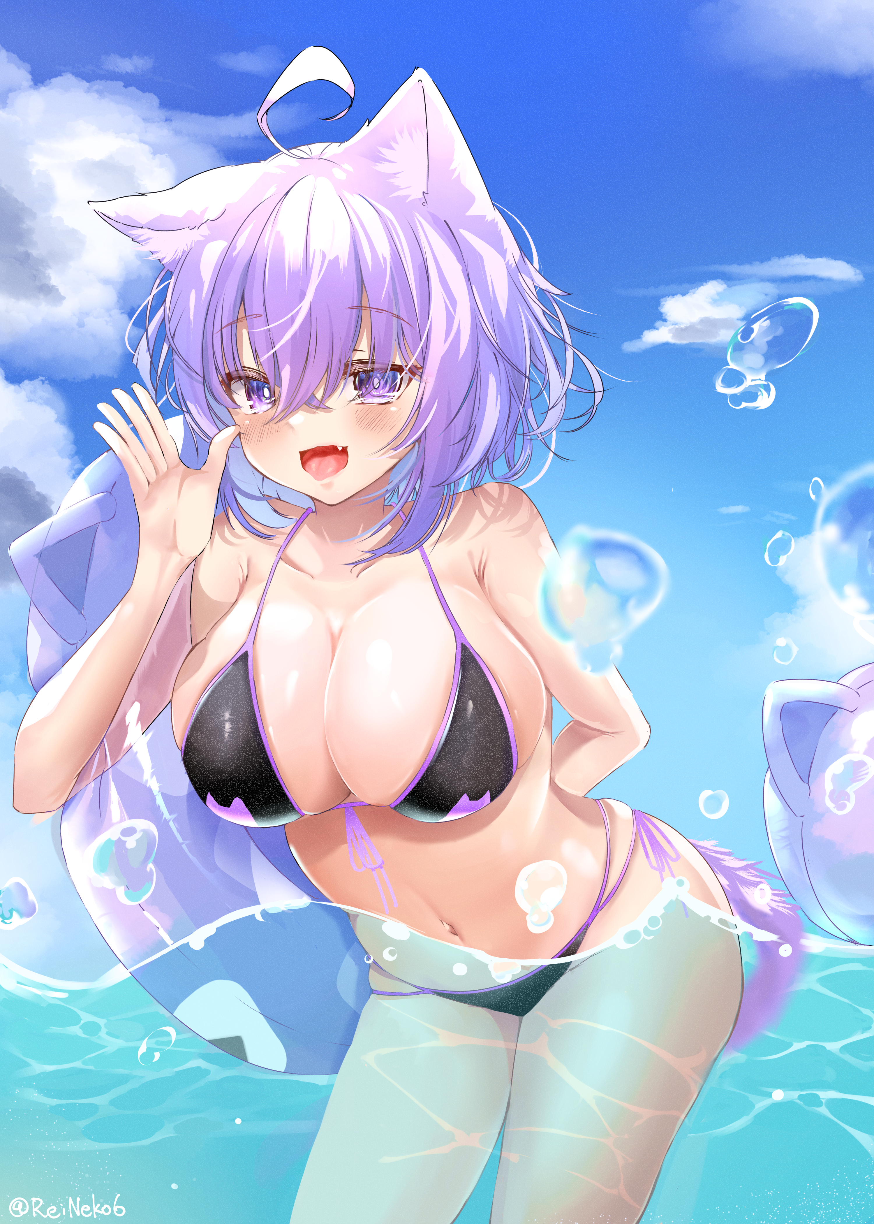 1girls, absurd res, artist name, big breasts, bikini, breasts, busty, cat ears, cat girl, cat tail, catgirl, female, highres, hololive, hololive gamers, hololive japan, navel, nekomata okayu, partially submerged, reineko6, shortstack, swimsuit, virtual youtuber, water, wet